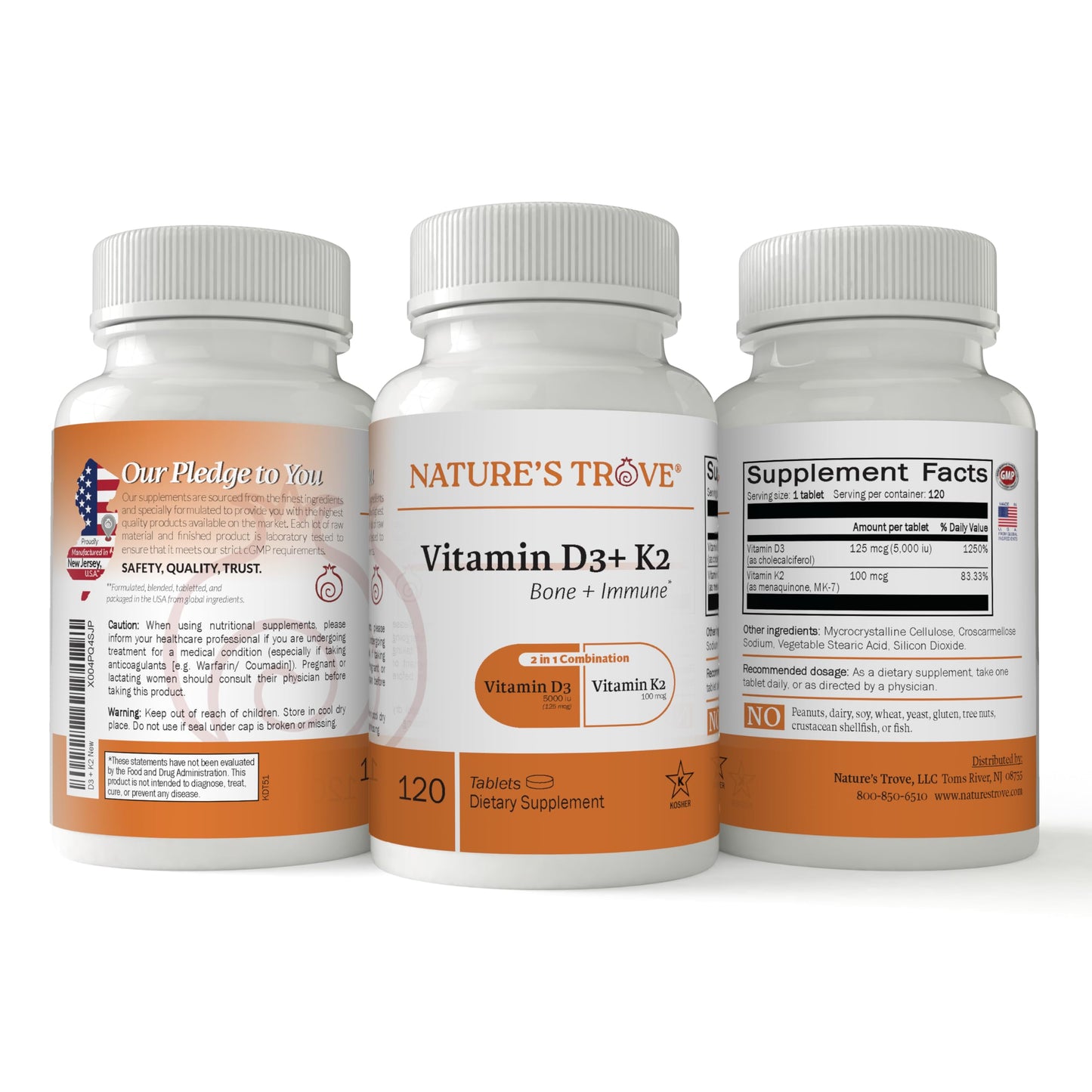 Nature's Trove Vitamin D3 5000 IU Plus K2 100mcg for Bone Health & Immune Support, 120 Tablets