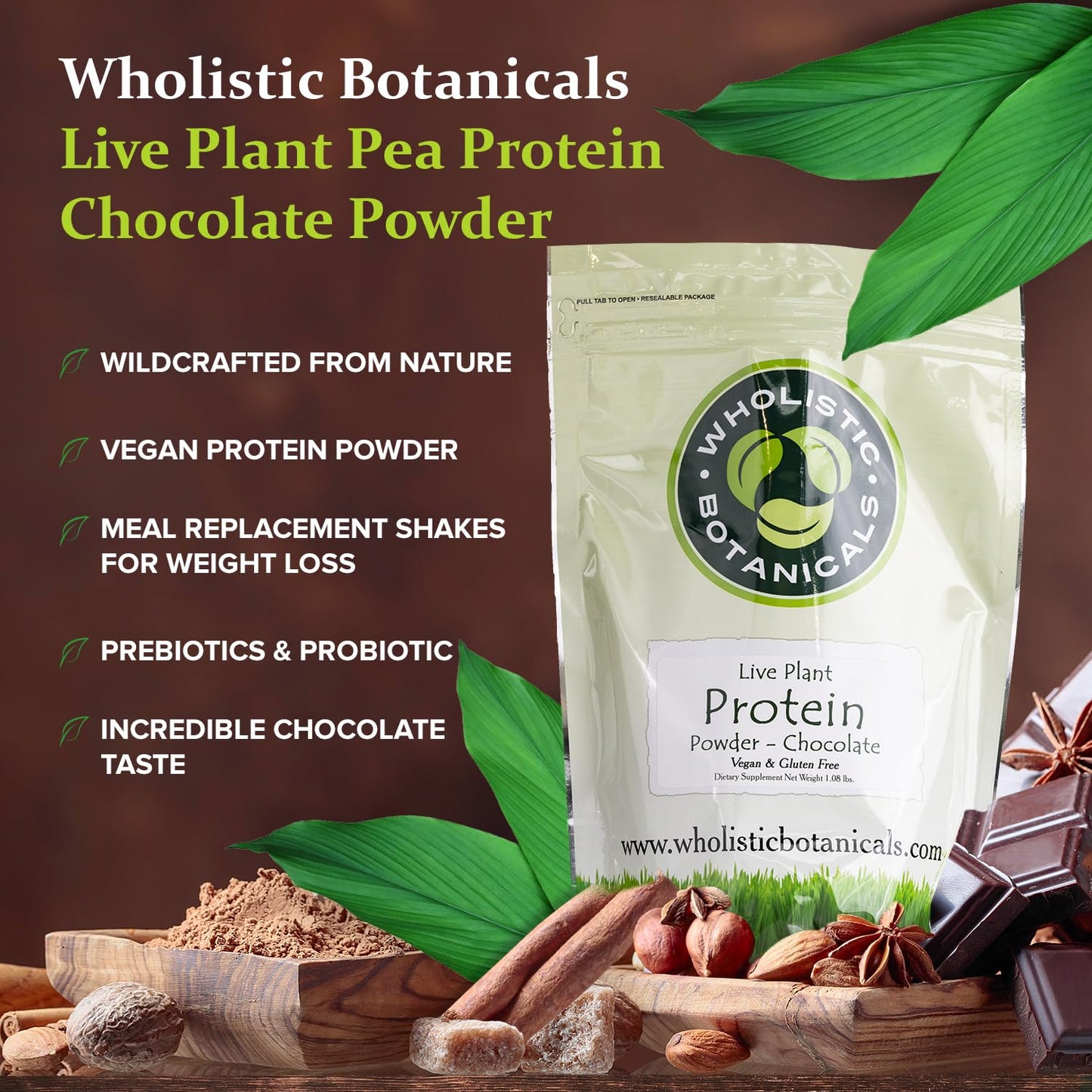 Wholistic Botanicals Live Plant Pea Protein Powder - Chocolate, 17.28 oz