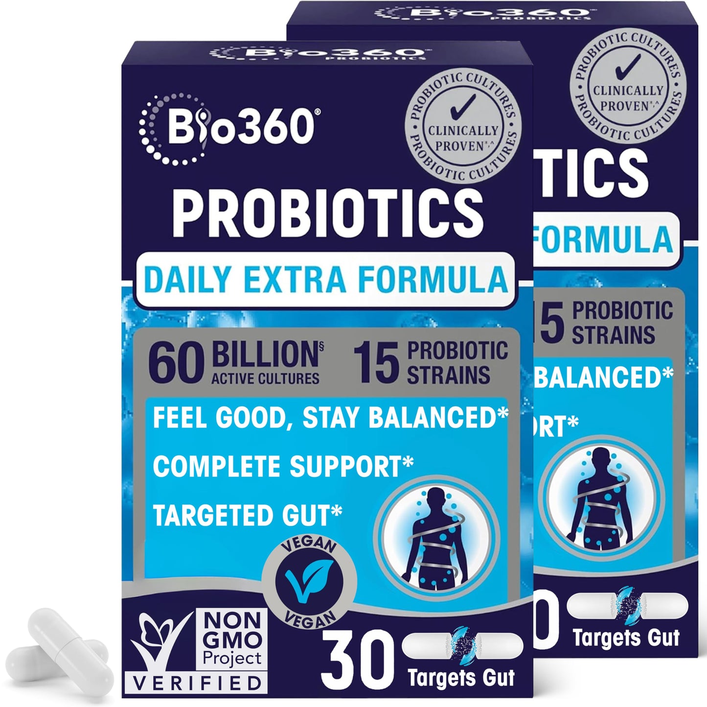 Bio360 Extra Strength Probiotic for Digestive Health and Immune Support, 60 Capsules