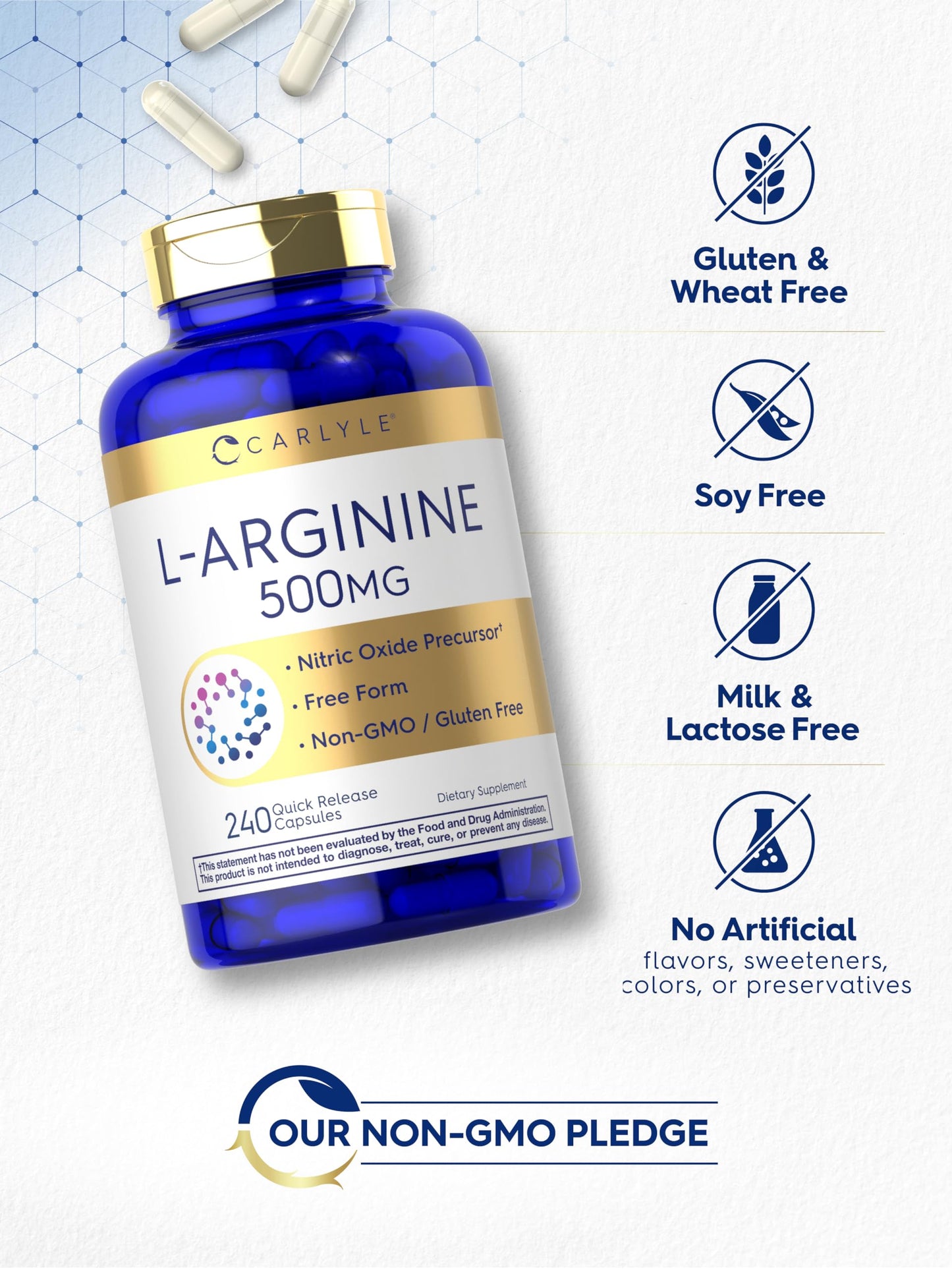 Carlyle L-Arginine 500 mg Nitric Oxide Precursor Capsule, 240 Count