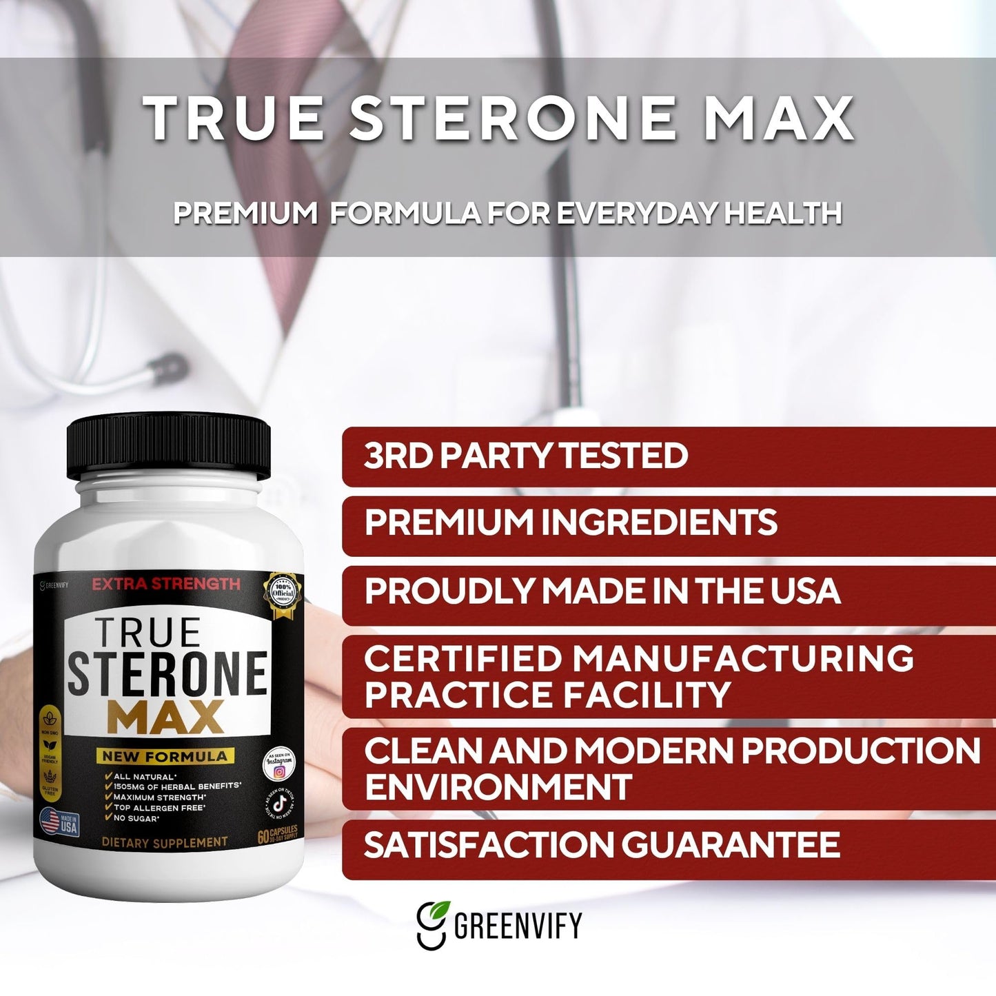 GREENVIFY True Sterone Max Extra Strength Dietary Supplement Organic Maca Root Complex, 60 Capsules