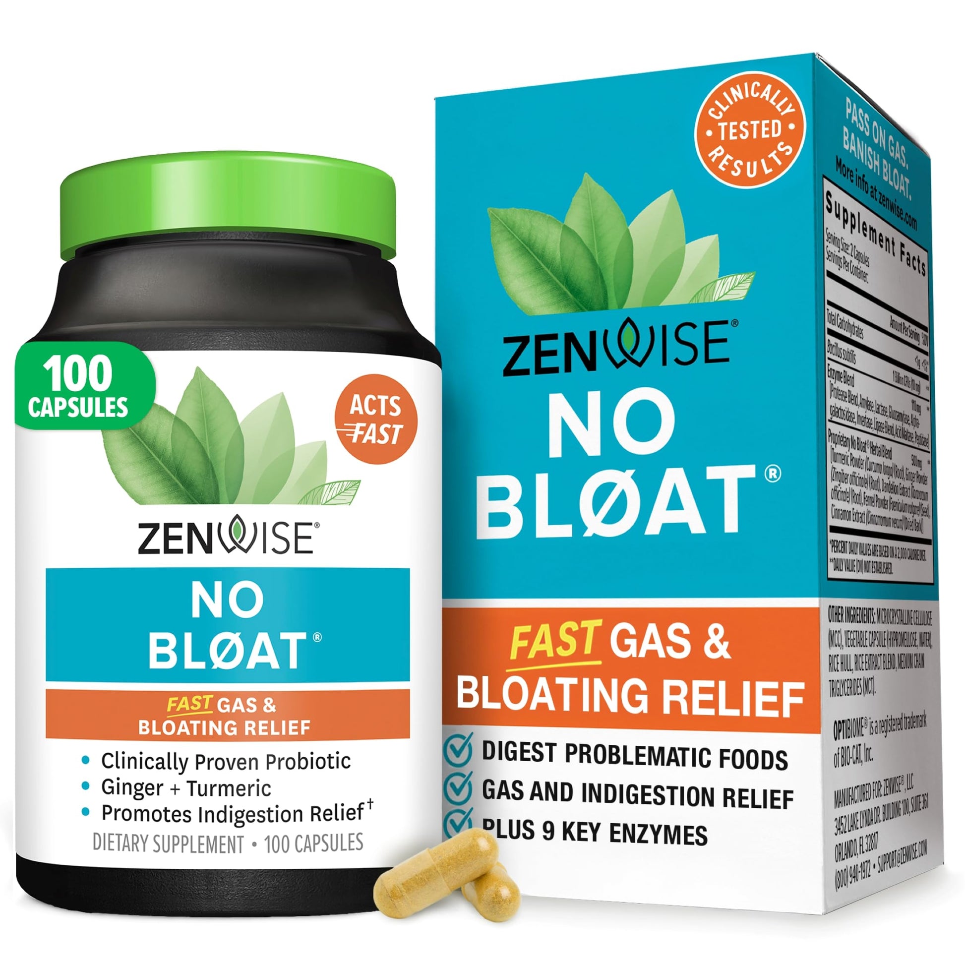 Zenwise Health No Bloat Digestive Enzymes for Gut Health, Gas & Bloating Relief Capsule 100 Count