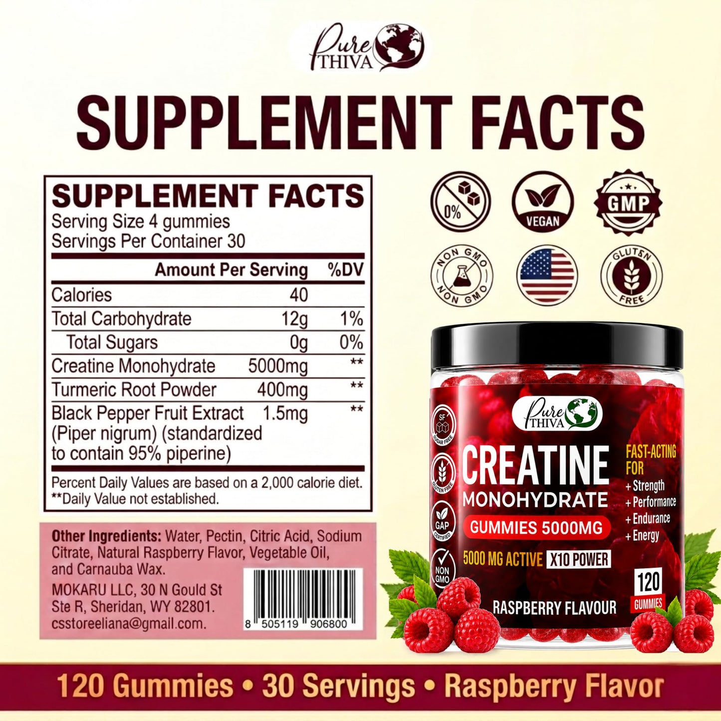 PureThiva Creatine Monohydrate Gummies 5000mg, Sugar Free Raspberry, Vegan, 120 Count, with Turmeric & Black Pepper for Muscle Strength, Energy & Endurance