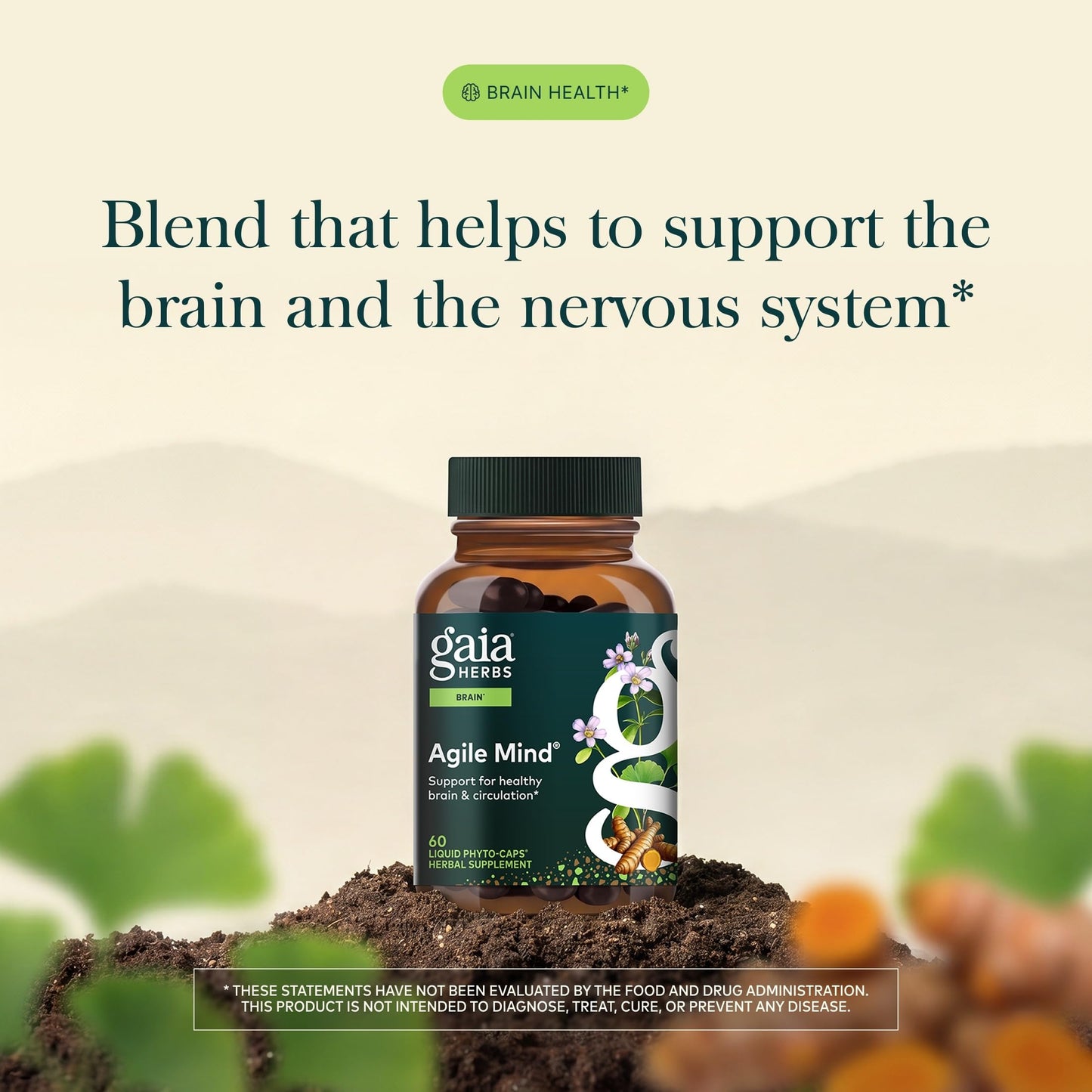 Gaia Herbs Agile Mind Brain Support Herbal Supplements, 60 Capsules