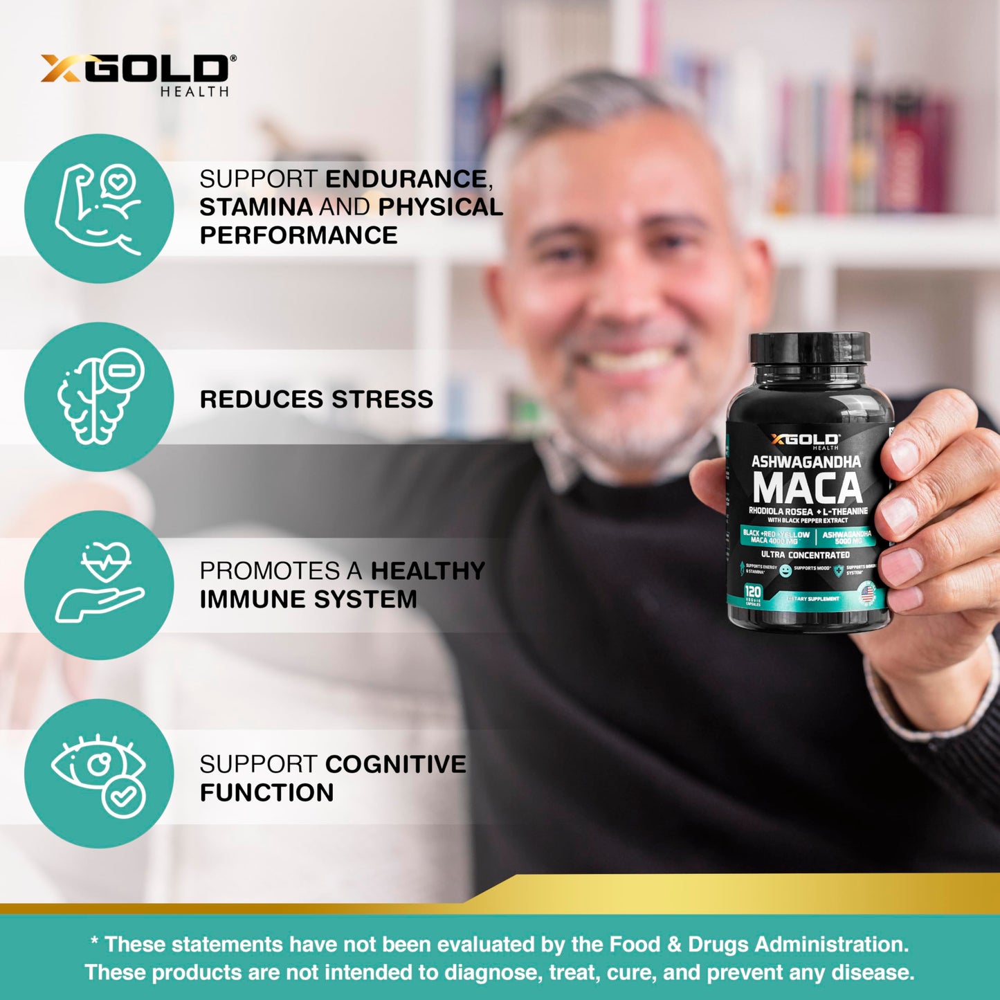 X Gold Health Ashwagandha & Maca Root Capsules with Rhodiola & L-Theanine (30:1 Ashwagandha Extract; 20:1 Maca Root Extract), 120 Capsules
