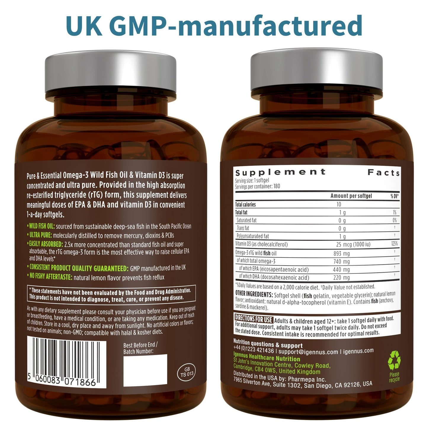 Igennus Healthcare Nutrition Advanced rTG Omega-3 IFOS Certified Wild Fish Oil & Vitamin D3, 180 Softgels