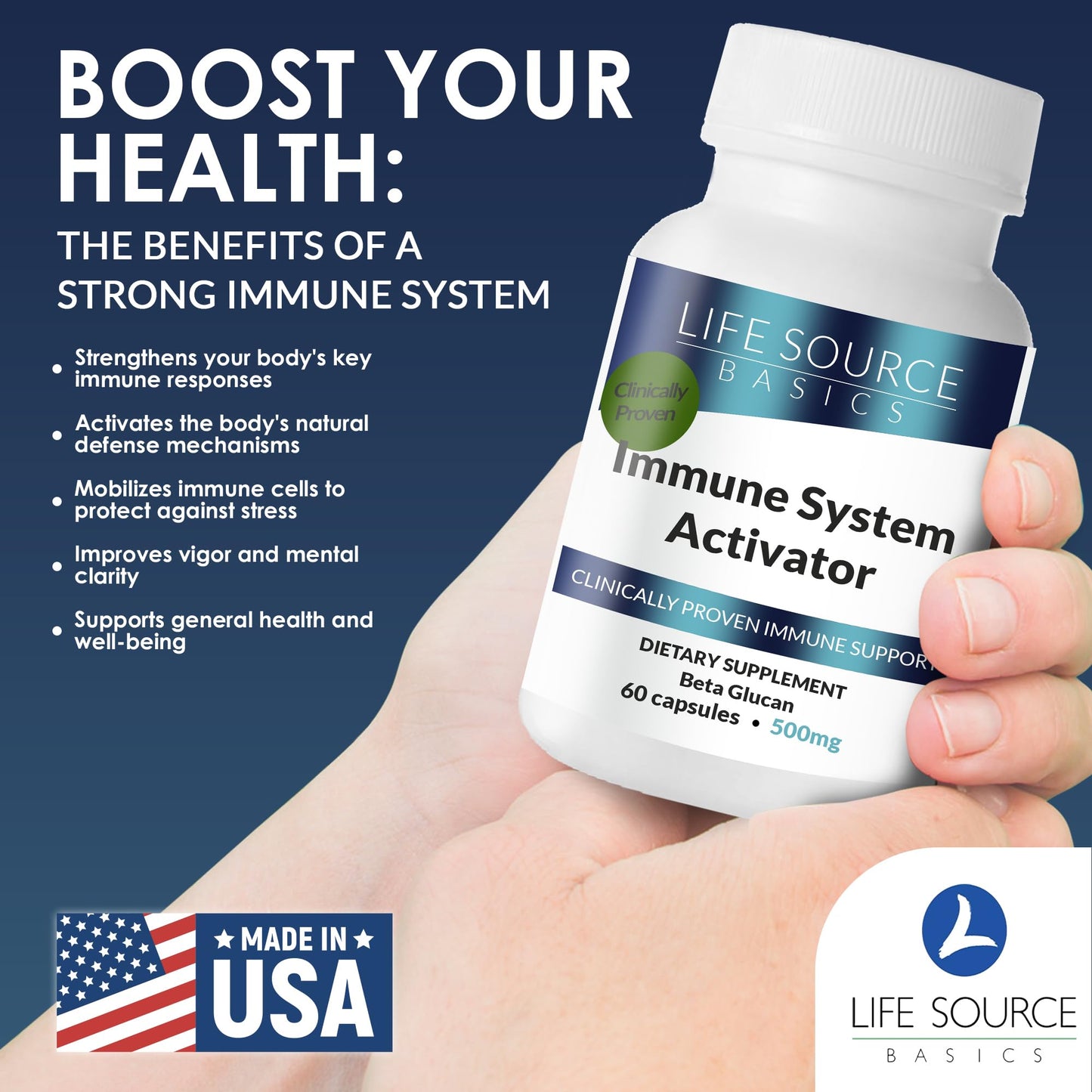 Life Source Basics Immune System Support Activator with Beta-1,3/1,6 Glucan 500 mg, 60 Capsules
