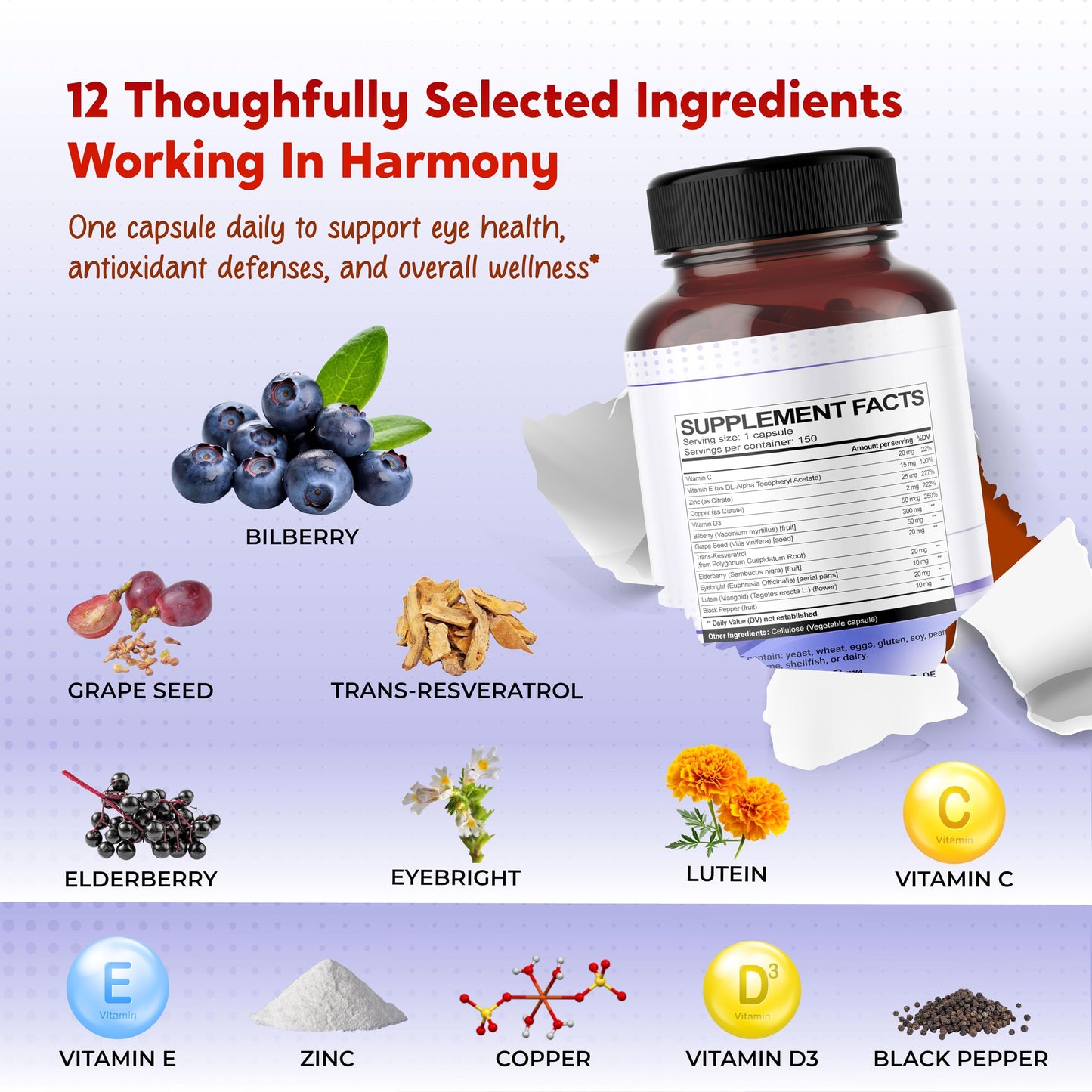PEAKPURY All-in-1 Bilberry Eyebright Astaxanthin Elderberry Resveratrol Supplement Capsules 150
