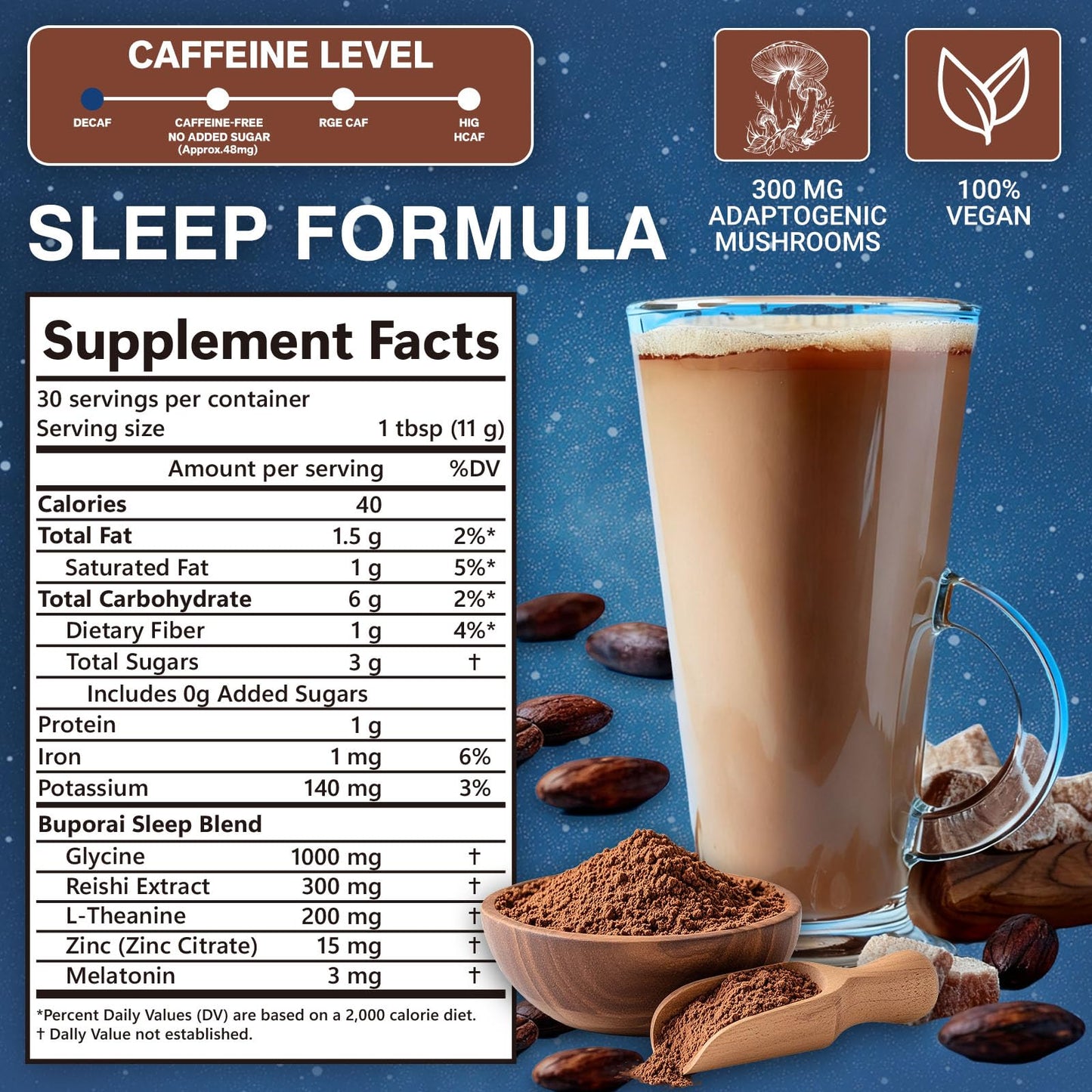 Buporai Mushroom Hot Cocoa with Melatonin, Reishi Powder 11.64 Ounce