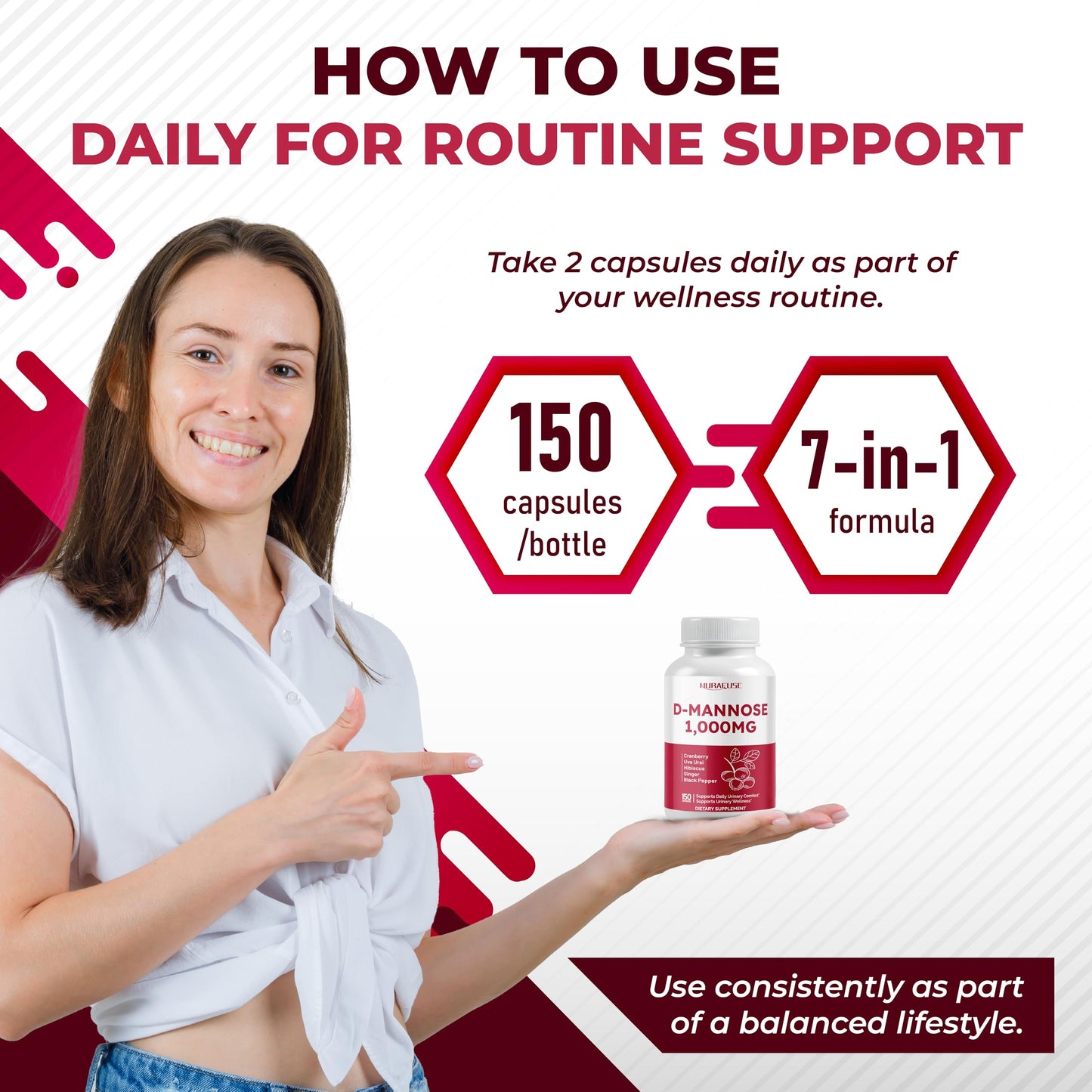NURAFUSE D-Mannose with Cranberry, Uva Ursi, Hibiscus, Ginger, Black Pepper Capsules 150 Count