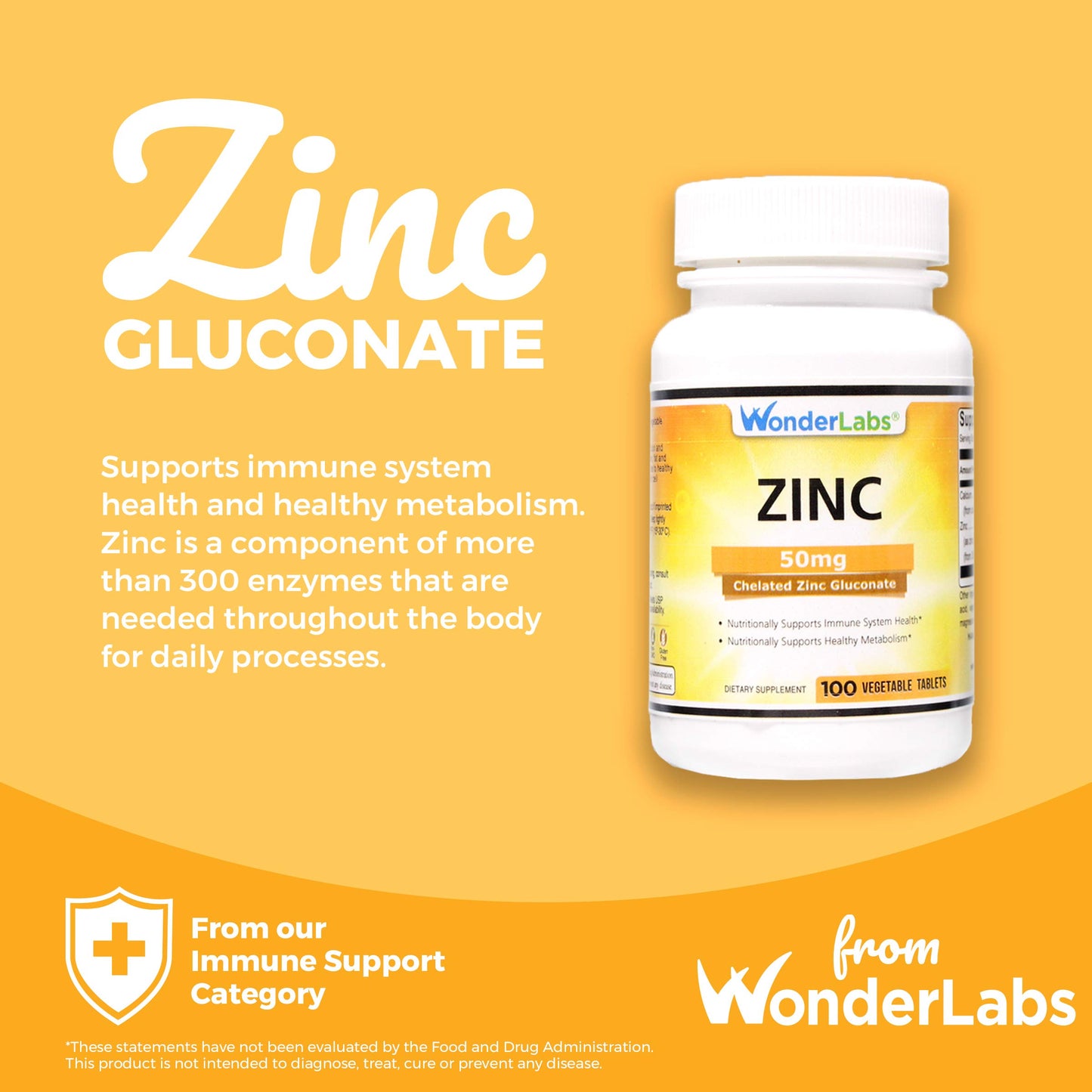 Wonder Laboratories Chelated Zinc Gluconate 50 mg Tablets, 100 Count
