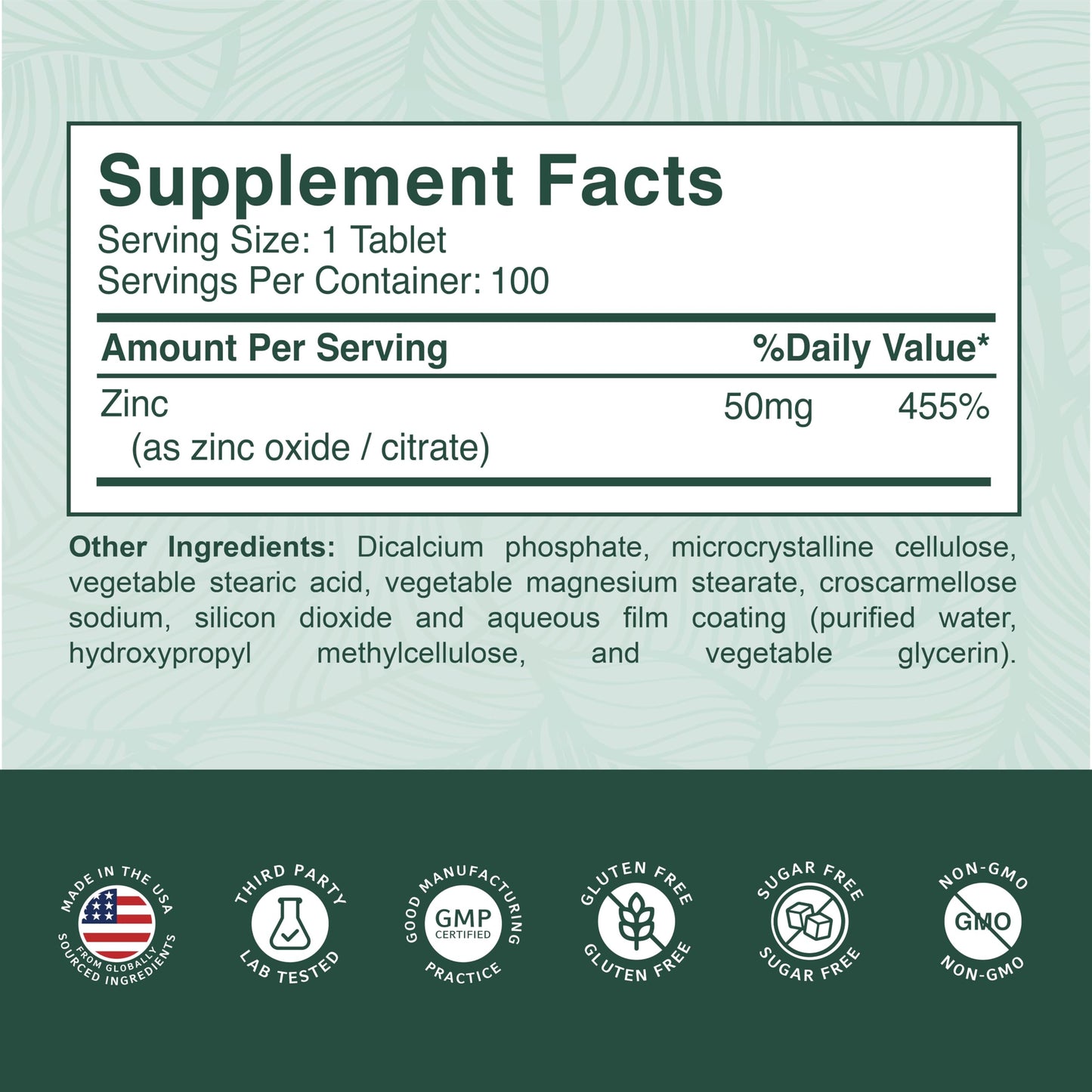 PurePremium Supplements Natural Zinc 50mg Tablets, 100 Count