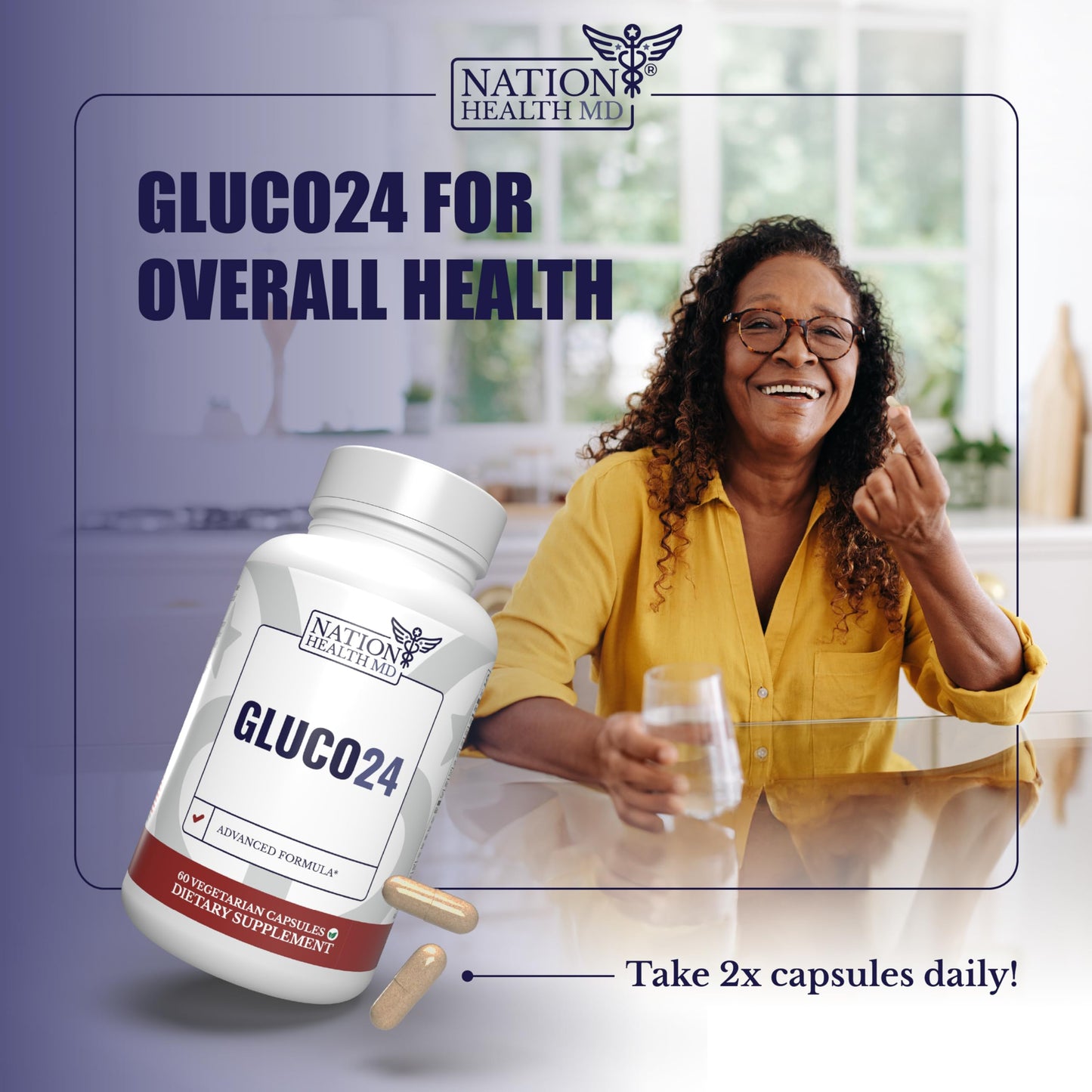 NATION HEALTH MD Gluco24 Blood Sugar Support Supplement 60 Capsules