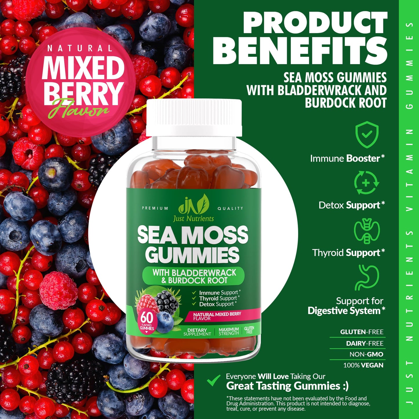 Just Nutrients Sea Moss 3000mg Gummies with Bladderwrack and Burdock Root, 60 Count