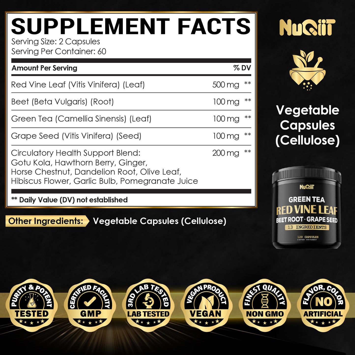 NUQIIT Red Vine Leaf Extract with Beet Root, Green Tea Supplement & More, 120 Capsules
