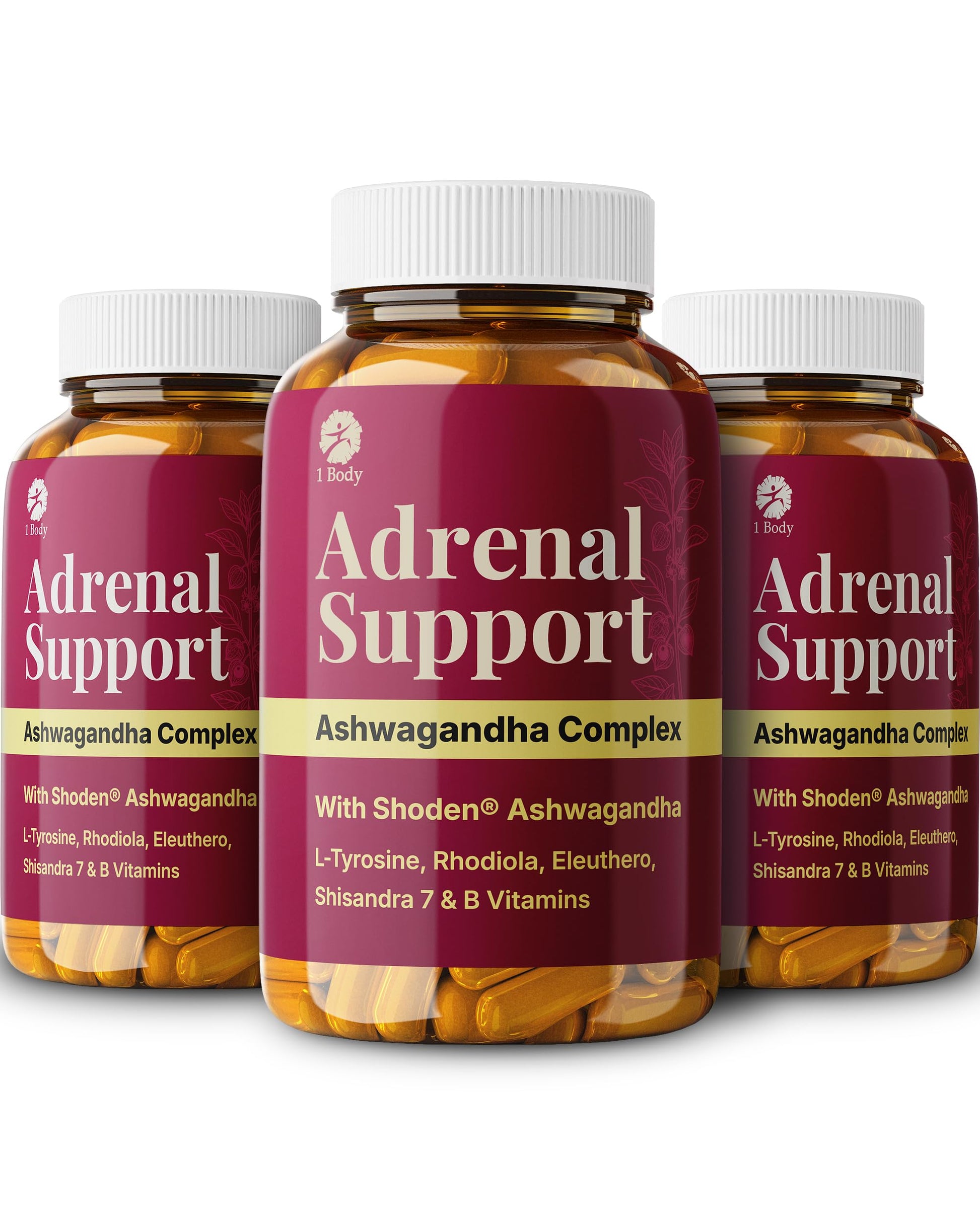 1 Body Adrenal Support Complex with Ashwagandha & Adaptogens Capsules, 180 Count