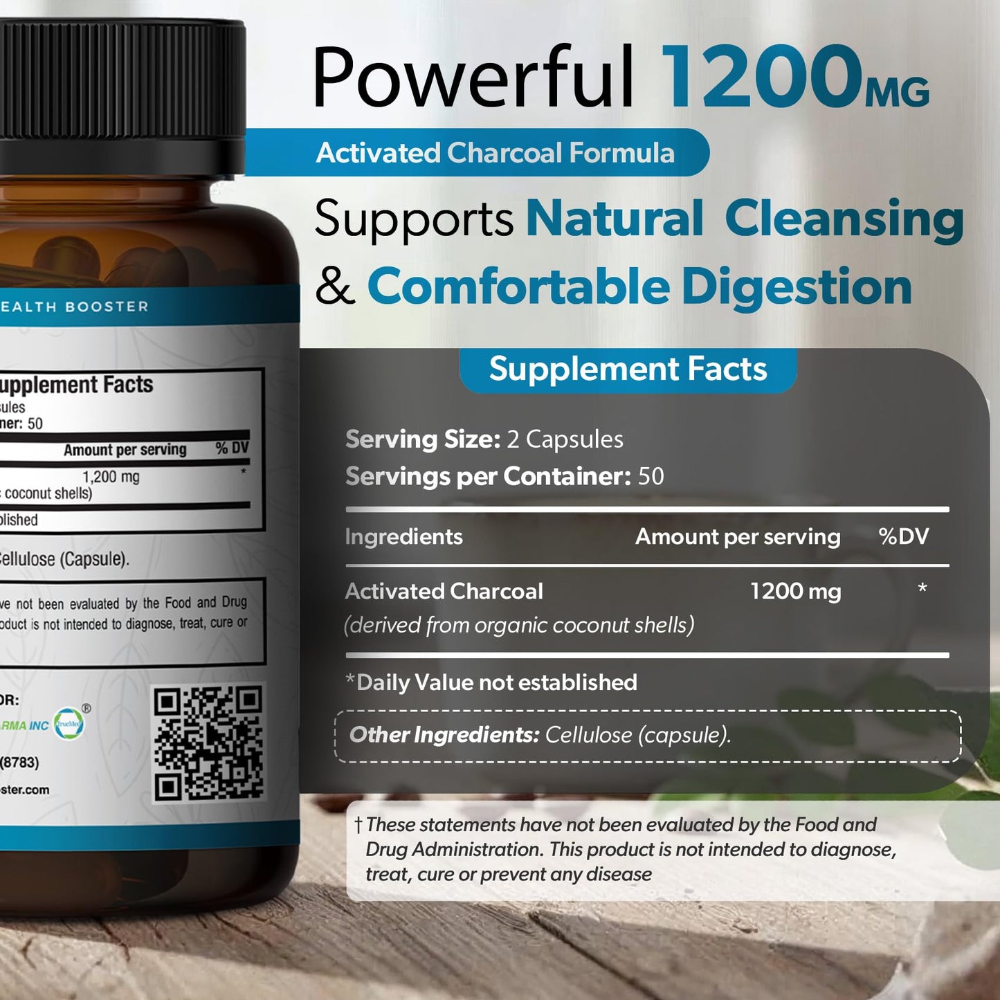 TRUEMED Activated Charcoal Capsules 1200mg, 100 Count