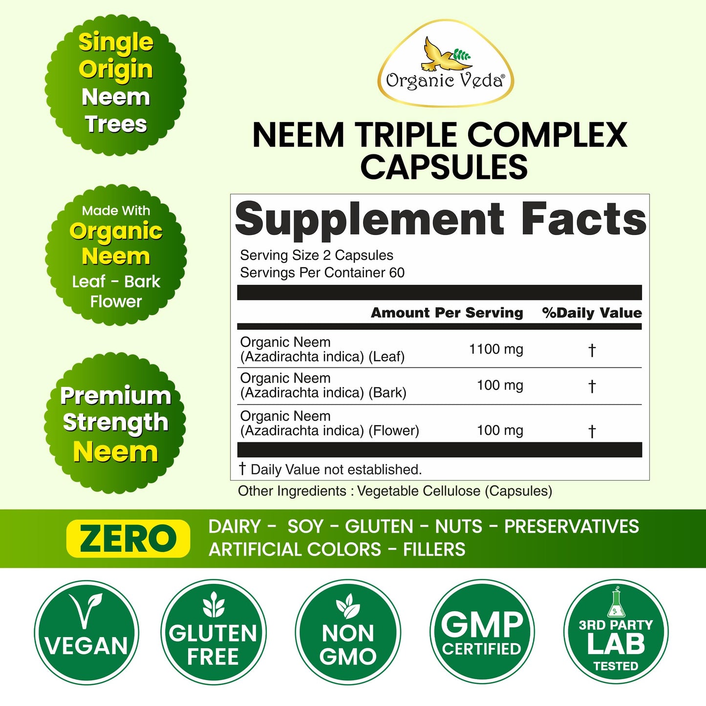 Organic Veda Neem Capsules Triple Complex Neem Leaf, Bark & Flower Extracts - Herbal Supplement for Acne, Cleanse & Clear Skin Health - Boost Immune, Gut Health for Women & Men - 120 Capsules