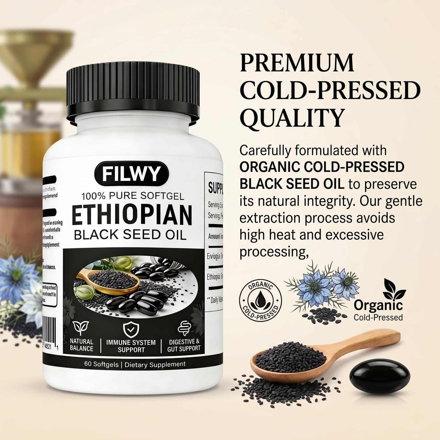 FILWY Ethiopian Black Seed Oil Capsules with 4.64% Thymoquinone, Immune Support & Digestion & Energy Booster, 60 Capsules