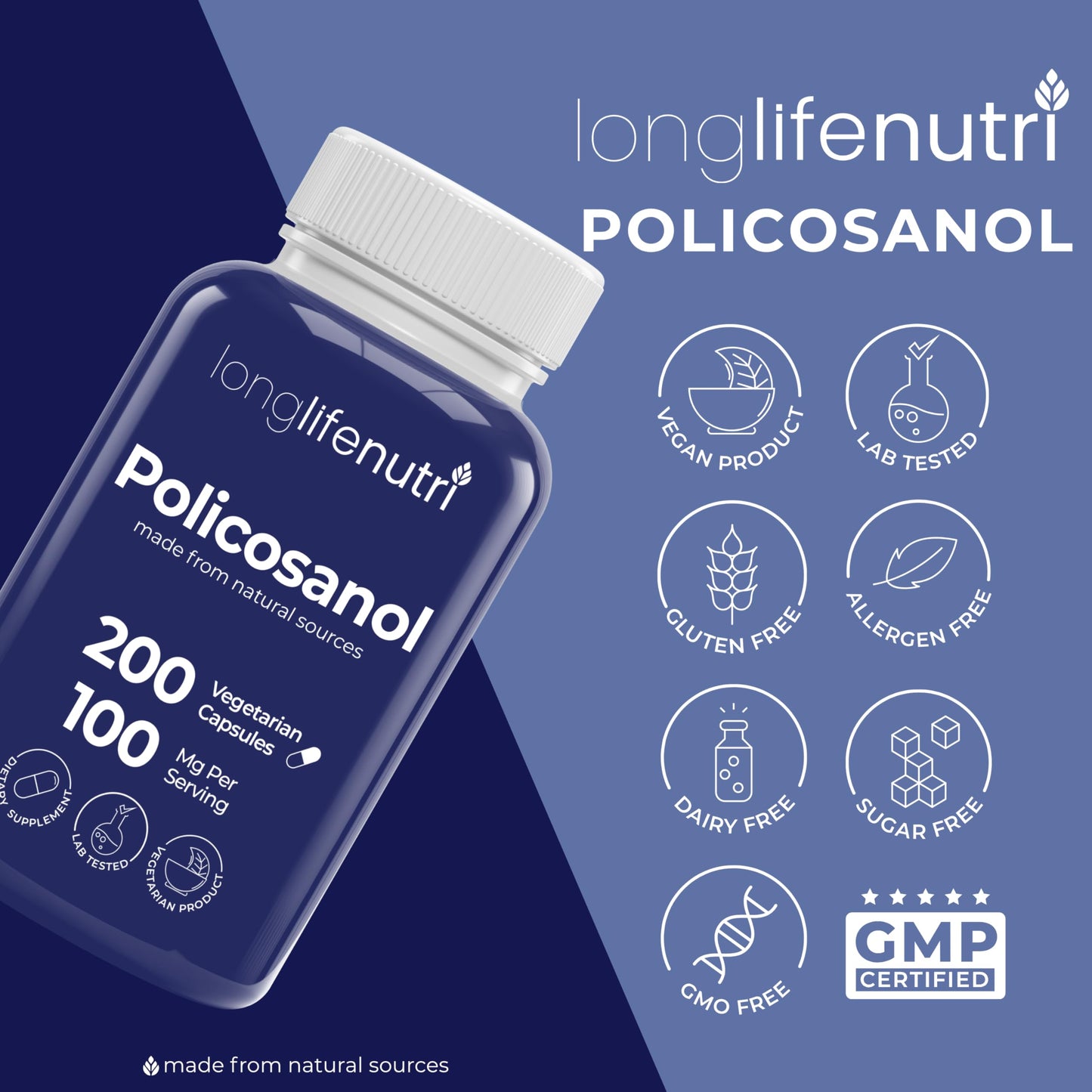 LongLifeNutri Policosanol 100mg Capsules, 200 Count