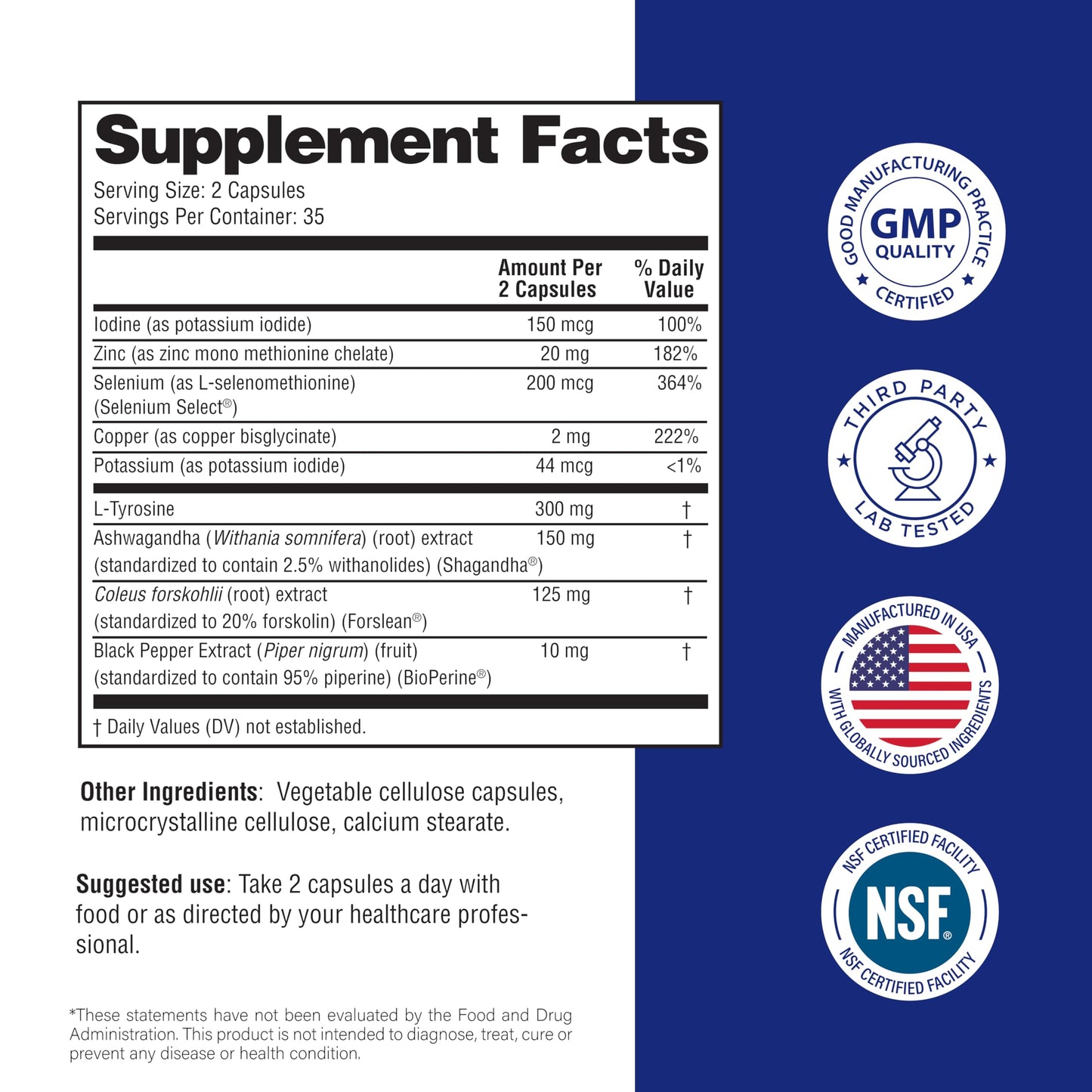 Sandhu's Thyroid Support Complex with Selenium, Zinc, Iodine, L Tyrosine, Ashwagandha Capsule 70 Count