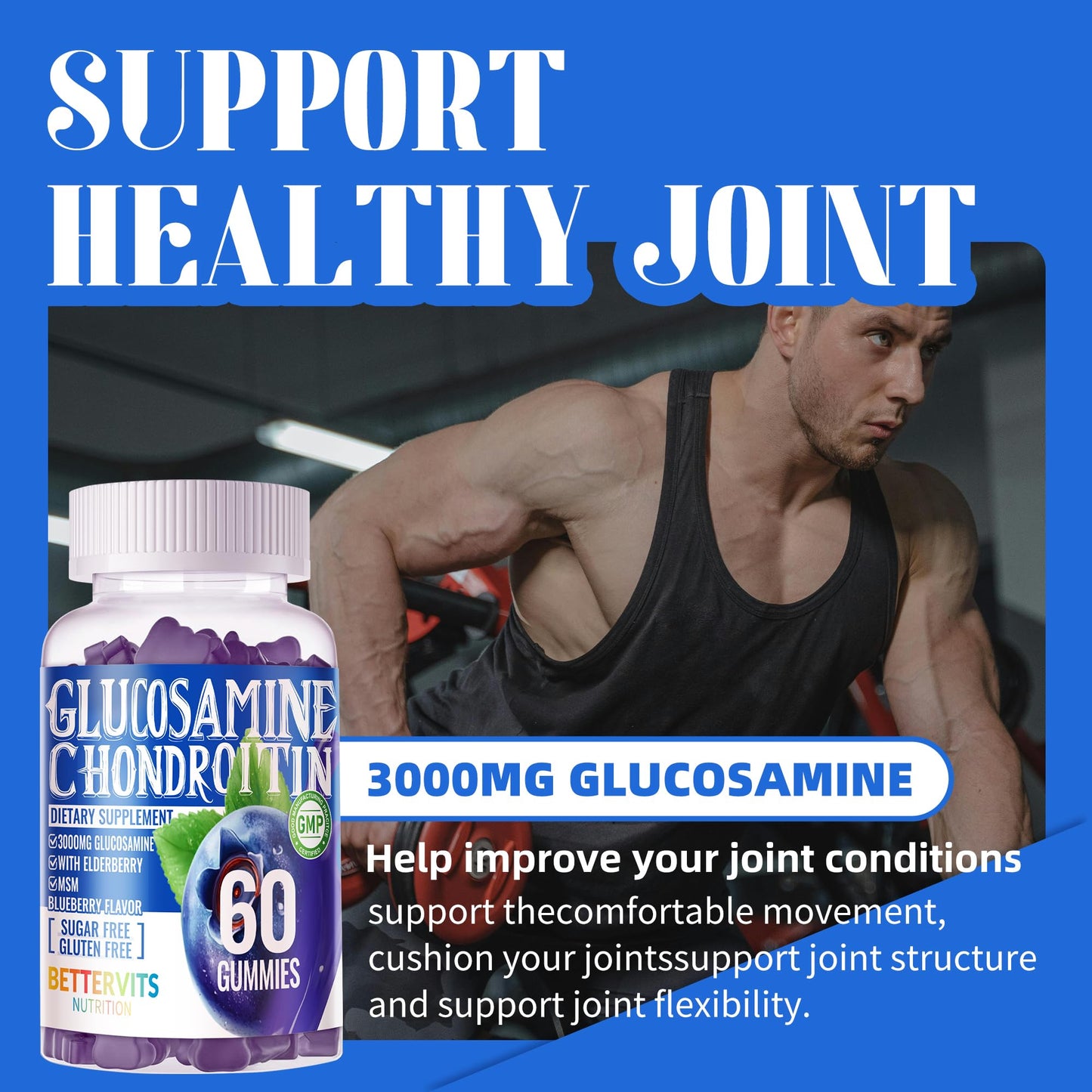 Bettervits Nutrition Glucosamine Chondroitin with MSM & Elderberry Extra Strength, 60 Gummies