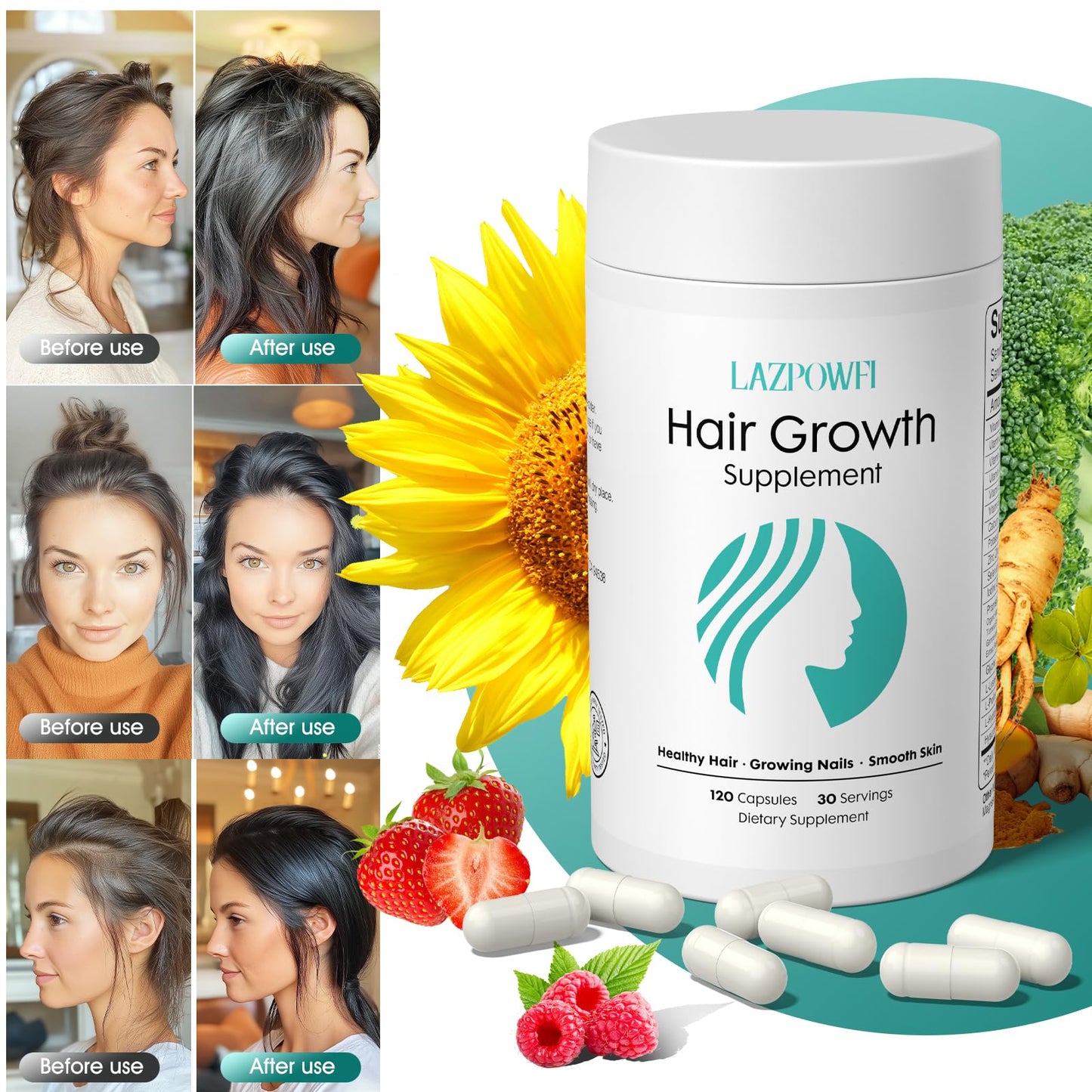 Lazpowfi Biotin 10000mcg Hair Growth Capsule, 120 Capsules
