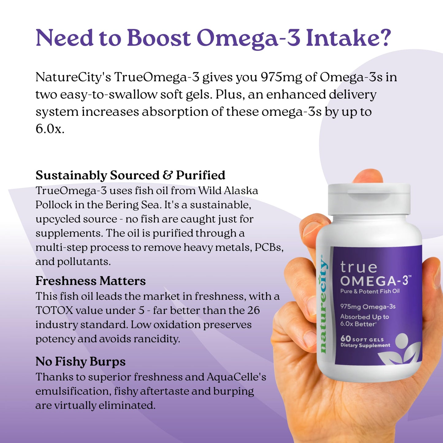 NatureCity True-Omega-3 975mg Omega-3 Fish Oil Supplements with Enhanced Absorption from AquaCelle for Heart, Brain & Joint Support Softgels 60
