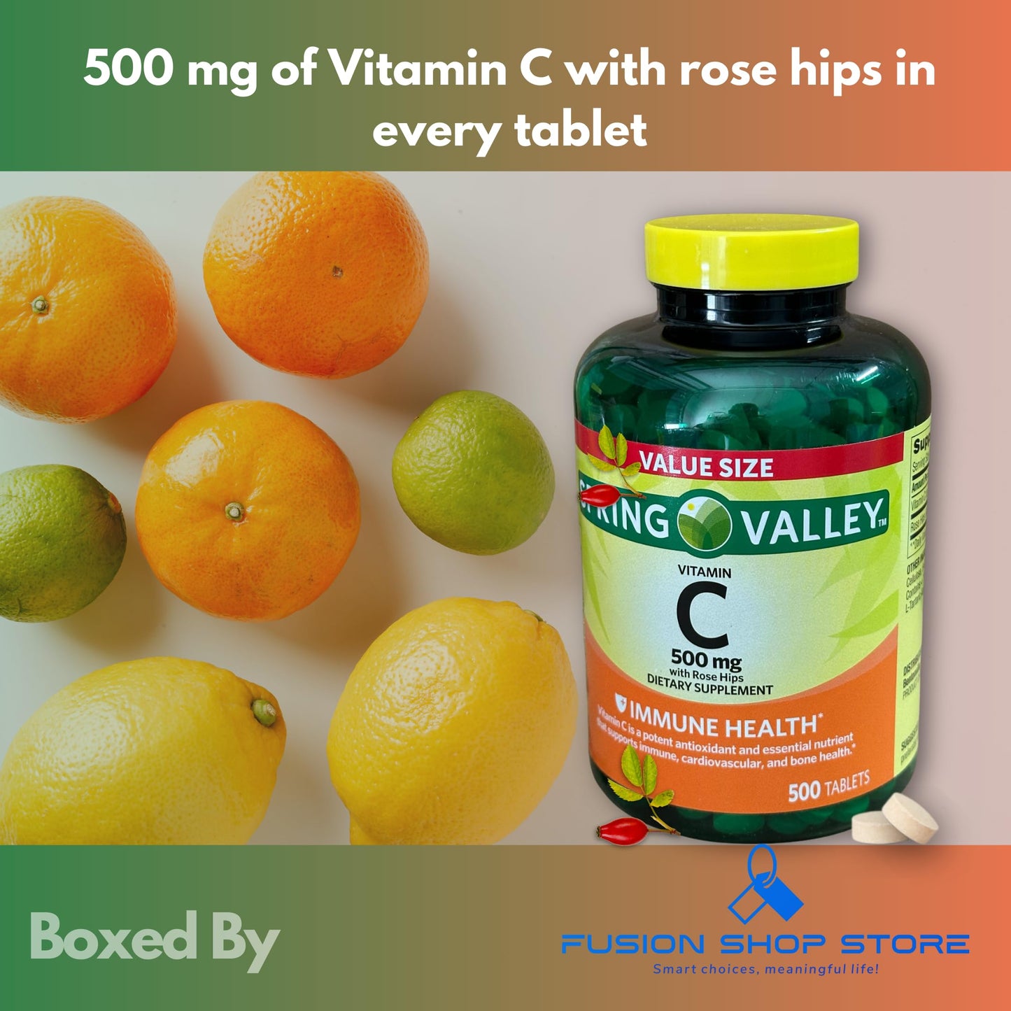 Fusion Shop Store Vitamin C 500mg with Rose Hips, 500 Tablets