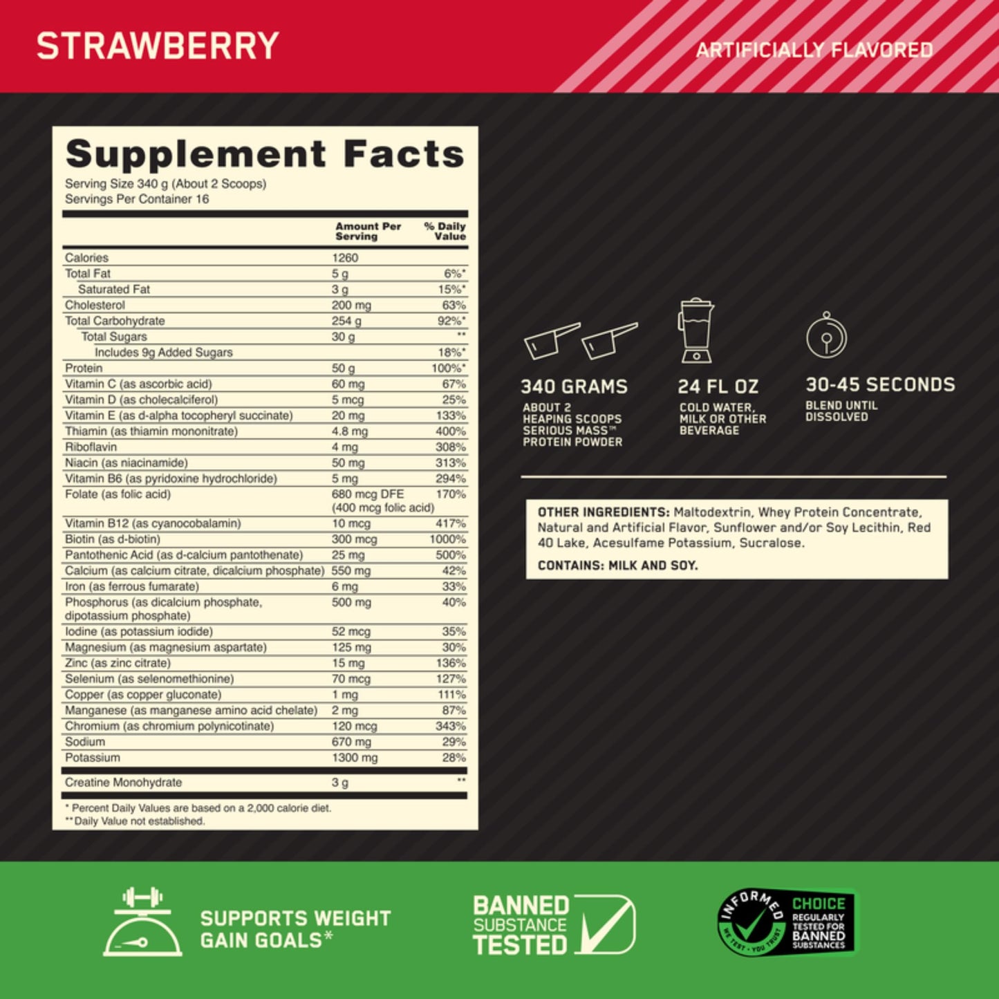 Optimum Nutrition Serious Mass Weight Gainer Protein Powder Strawberry 12 Pound 192