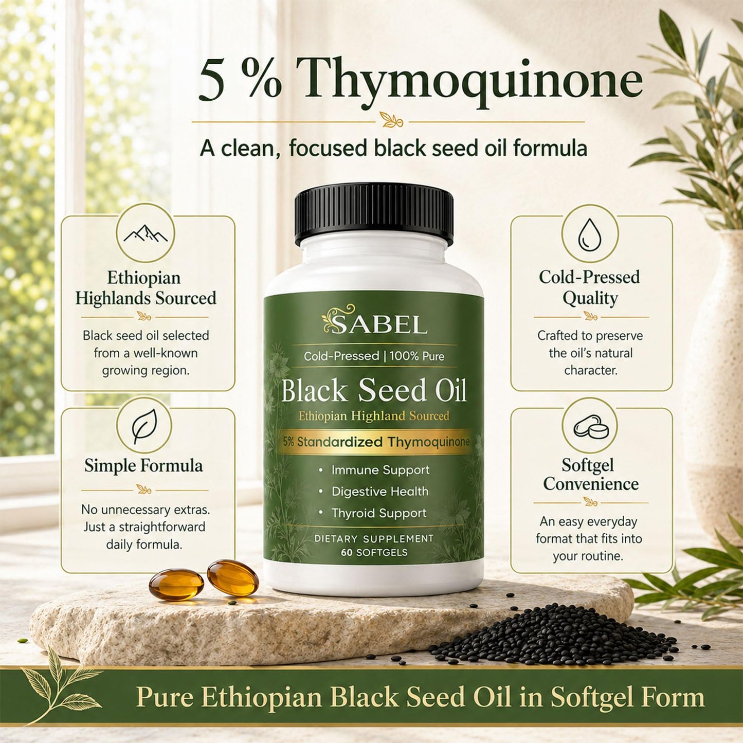 UXZQEN Sabel Ethiopian Black Seed Oil Softgels, 60 Count