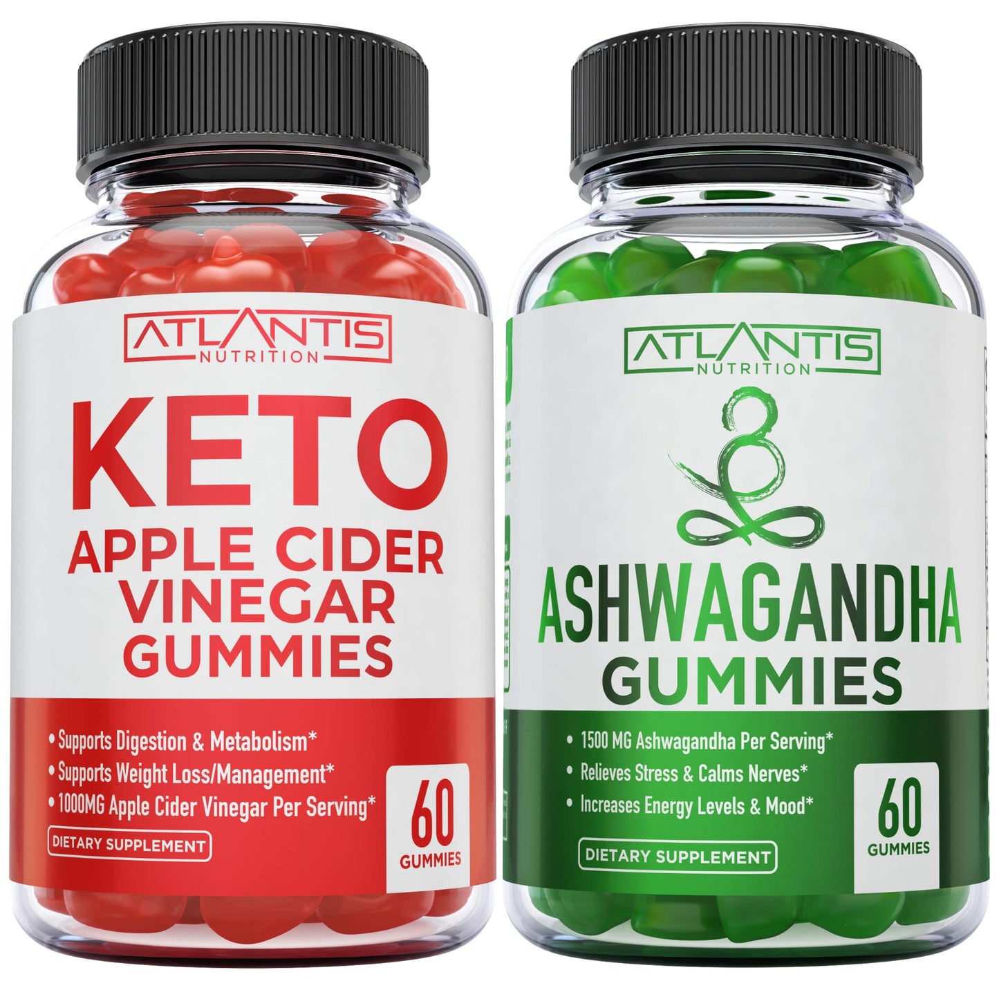 Atlantis Nutrition Keto Apple Cider Vinegar Gummies and Ashwagandha Gummies, 60 Gummies