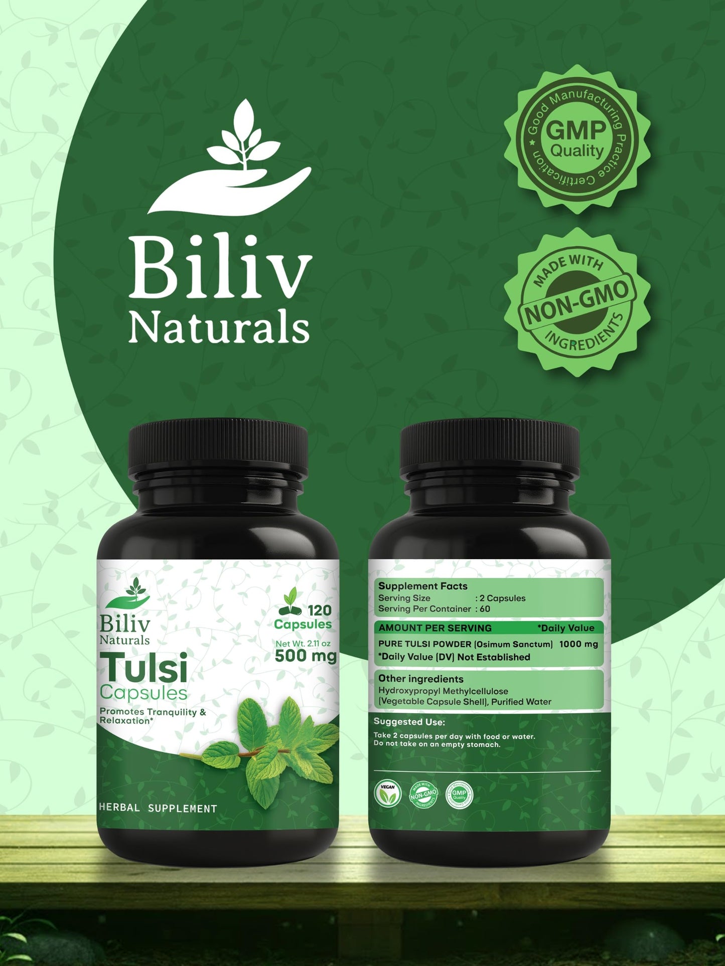 Biliv Naturals Tulsi (Holy Basil) 500 mg Herbal Supplement Capsules, Immune Support, Adaptogen, Supports Healthy Stress Response, Vegan, Gluten-Free, 120 Capsules