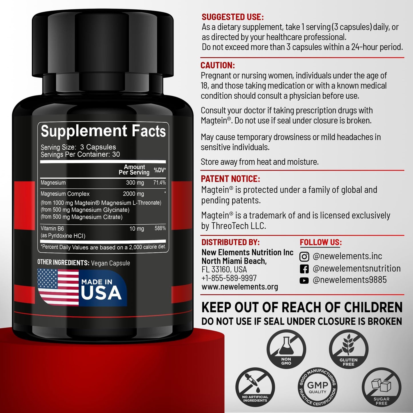 New Elements Magtein Magnesium L-Threonate Magnesium Complex with L-Threonate, Glycinate, Citrate & Vitamin B6 – Brain Health, Memory & Focus, 300mg Elemental Magnesium, 90 Capsules