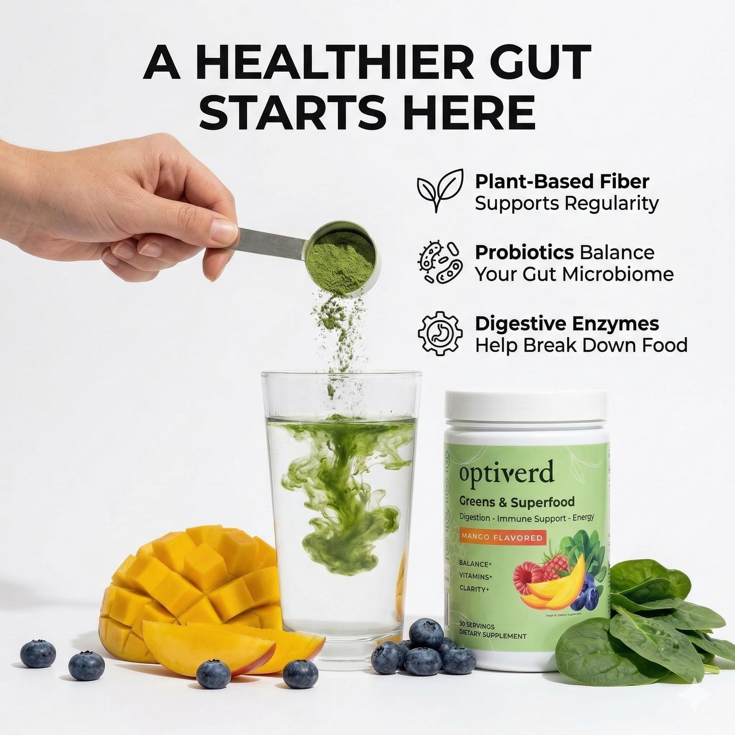 optiverd Greens Superfood Powder with Probiotics & Enzymes – Detox, Gut Health, Energy & Immune Support – Organic, Vegan, Gluten-Free – Mango Flavor, 27 Ounce