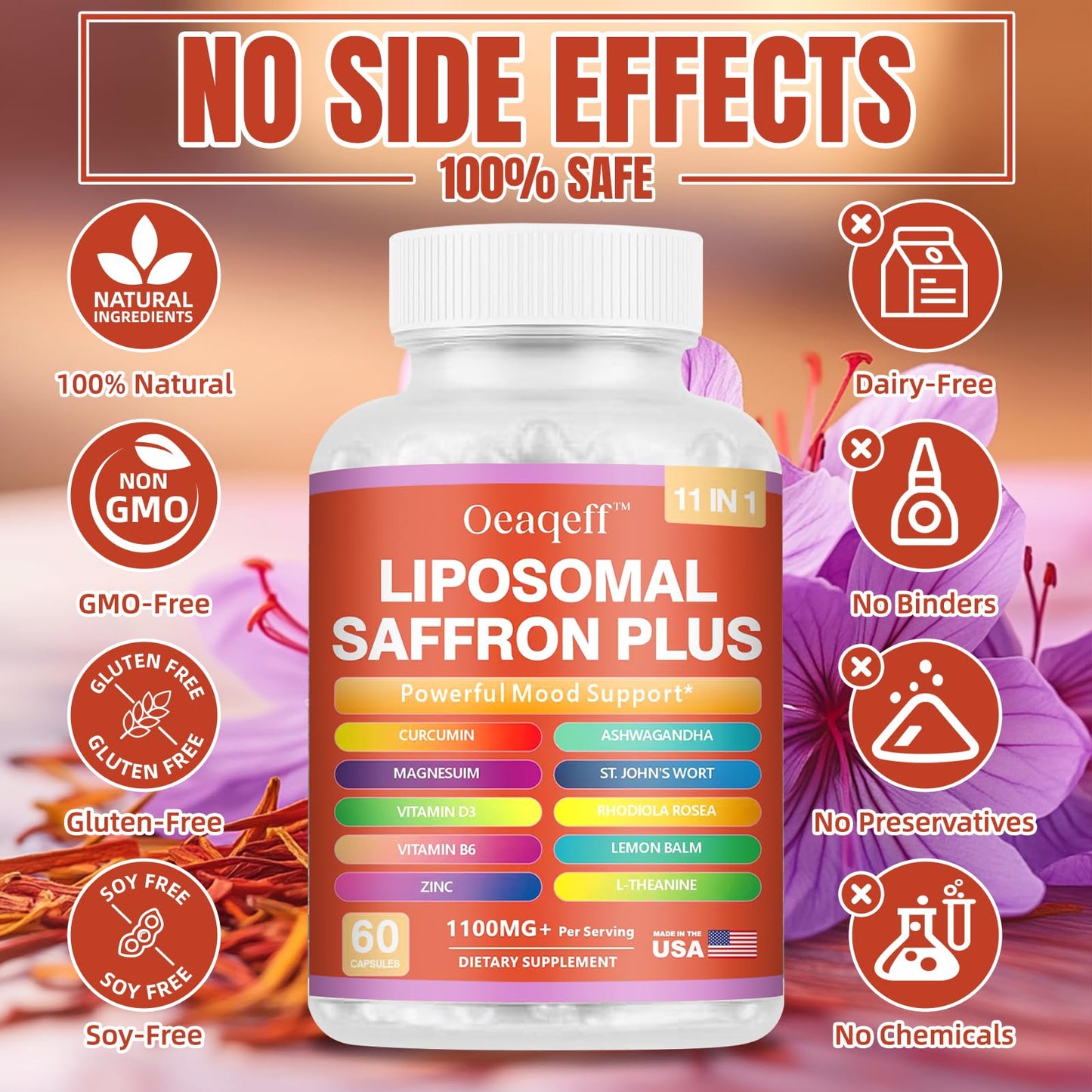 Oeaqeff Liposomal Saffron Supplements 11-in-1, 100% Pure Saffron Extract 88.5 mg Maximum Absorption for Mood, Energy & Vision, Vegan, Non-GMO, 60 Capsules