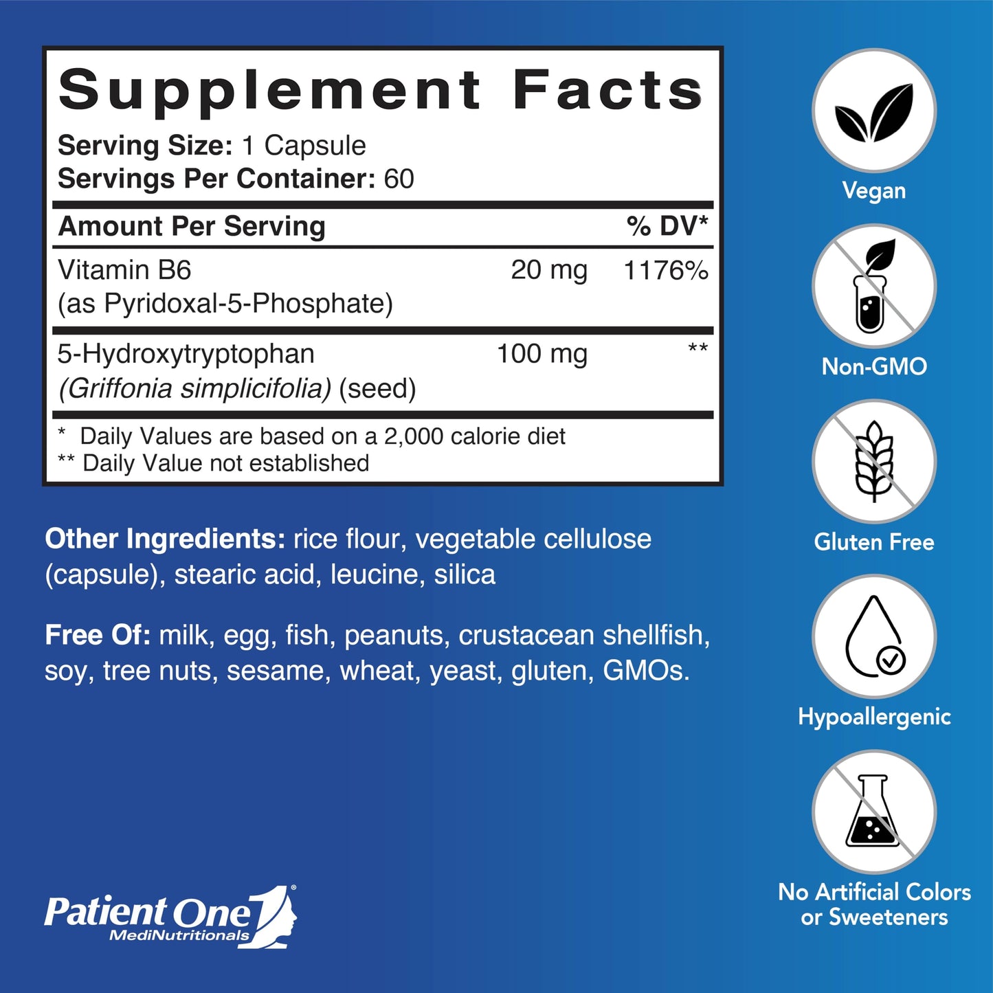Patient One 5-HTP 100 mg with Vitamin B6, 60 Capsules
