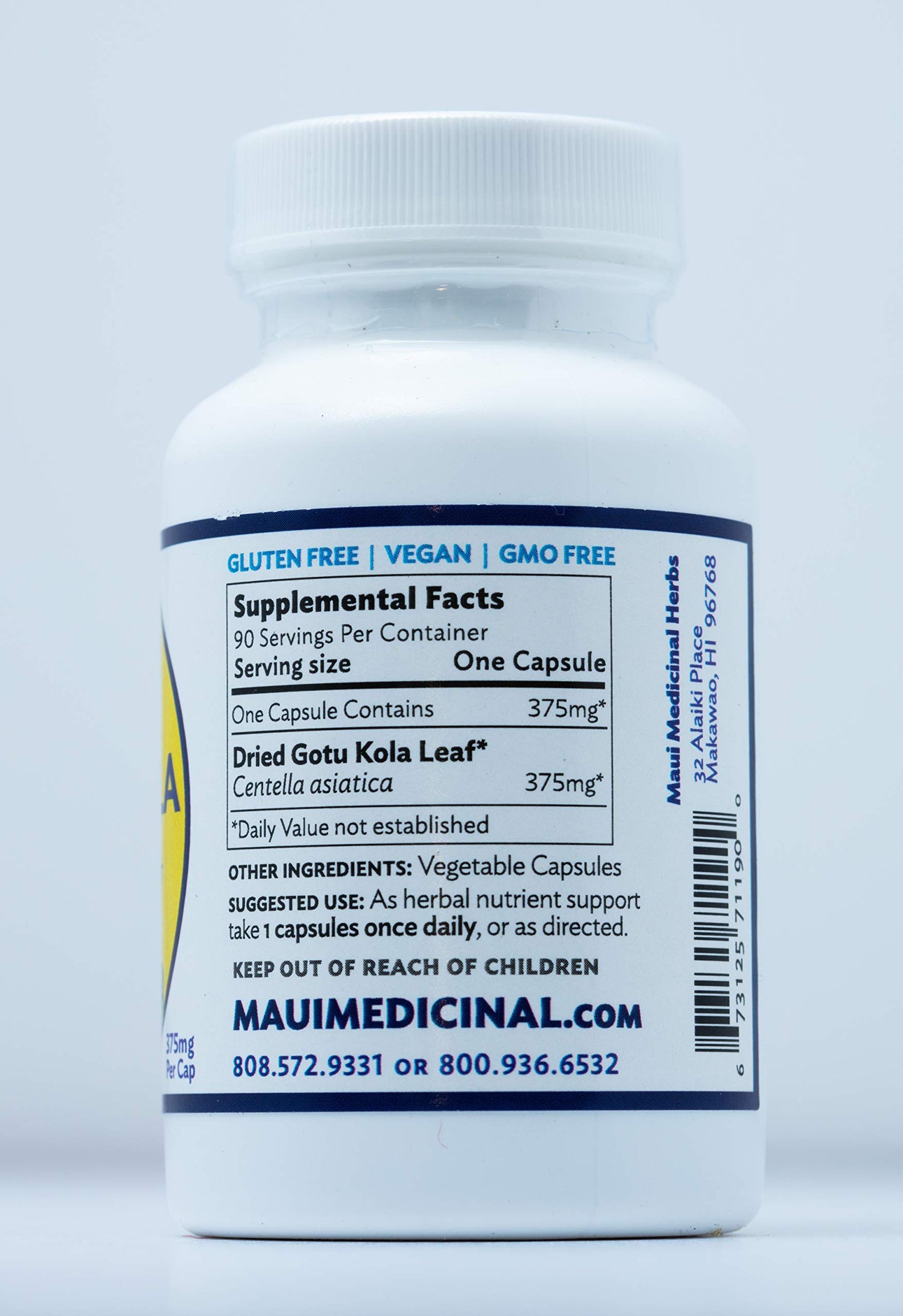 Maui Medicinal Herbs Gotu Kola Veggie Capsules 375mg per Capsule, 1 Count