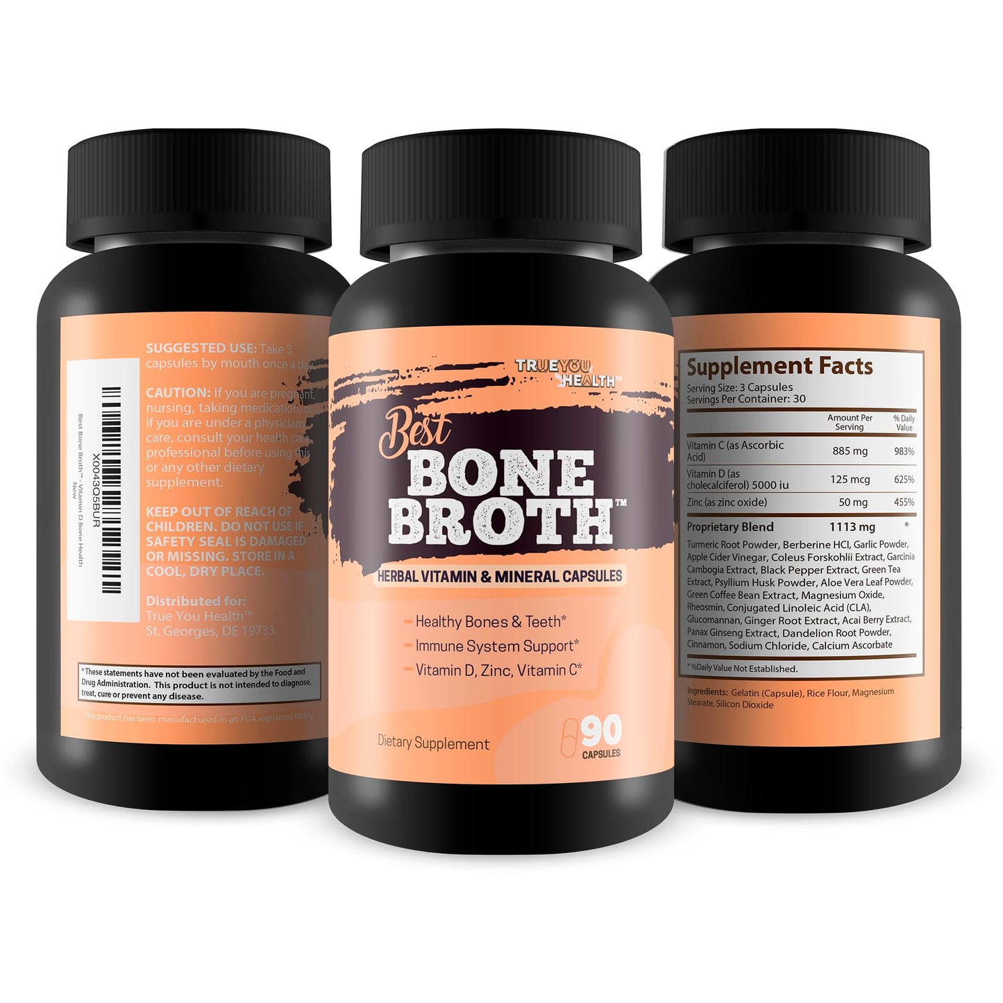 True You Health Bone Broth Capsules - Bone Health & Immunity Support, Vitamin D, 90 Capsules