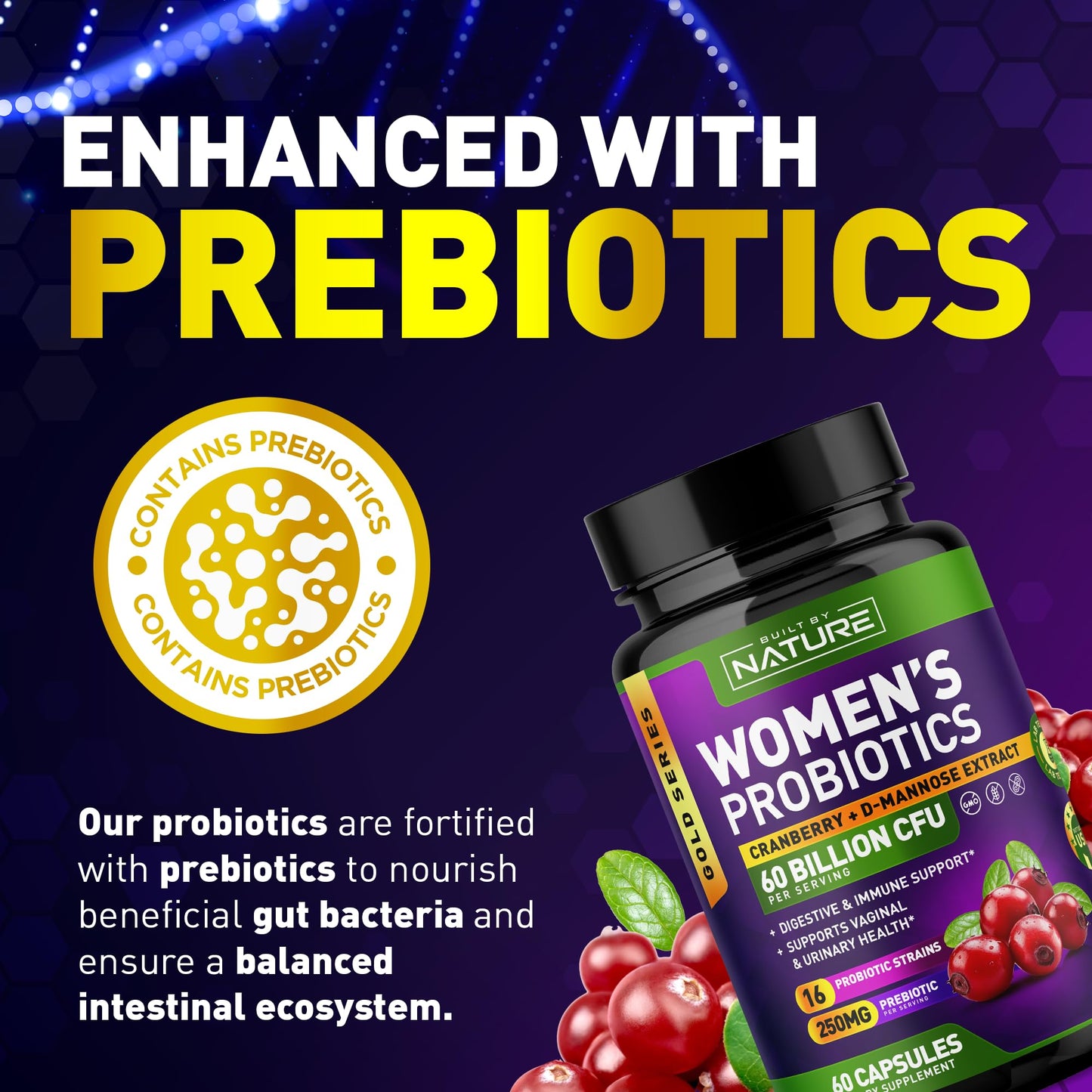 Built by Nature Probiotics for Women 60 Billion CFUs, 16 Strains, with Cranberry, D-Mannose & Prebiotics, 60 Veggie Capsules