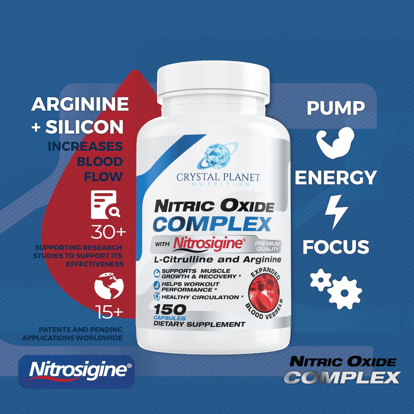 Crystal Planet Nitric Oxide Complex with Nitrosigine, Beet Root, Pine Bark, L-Citrulline & Black Pepper Capsule, 150 Capsules