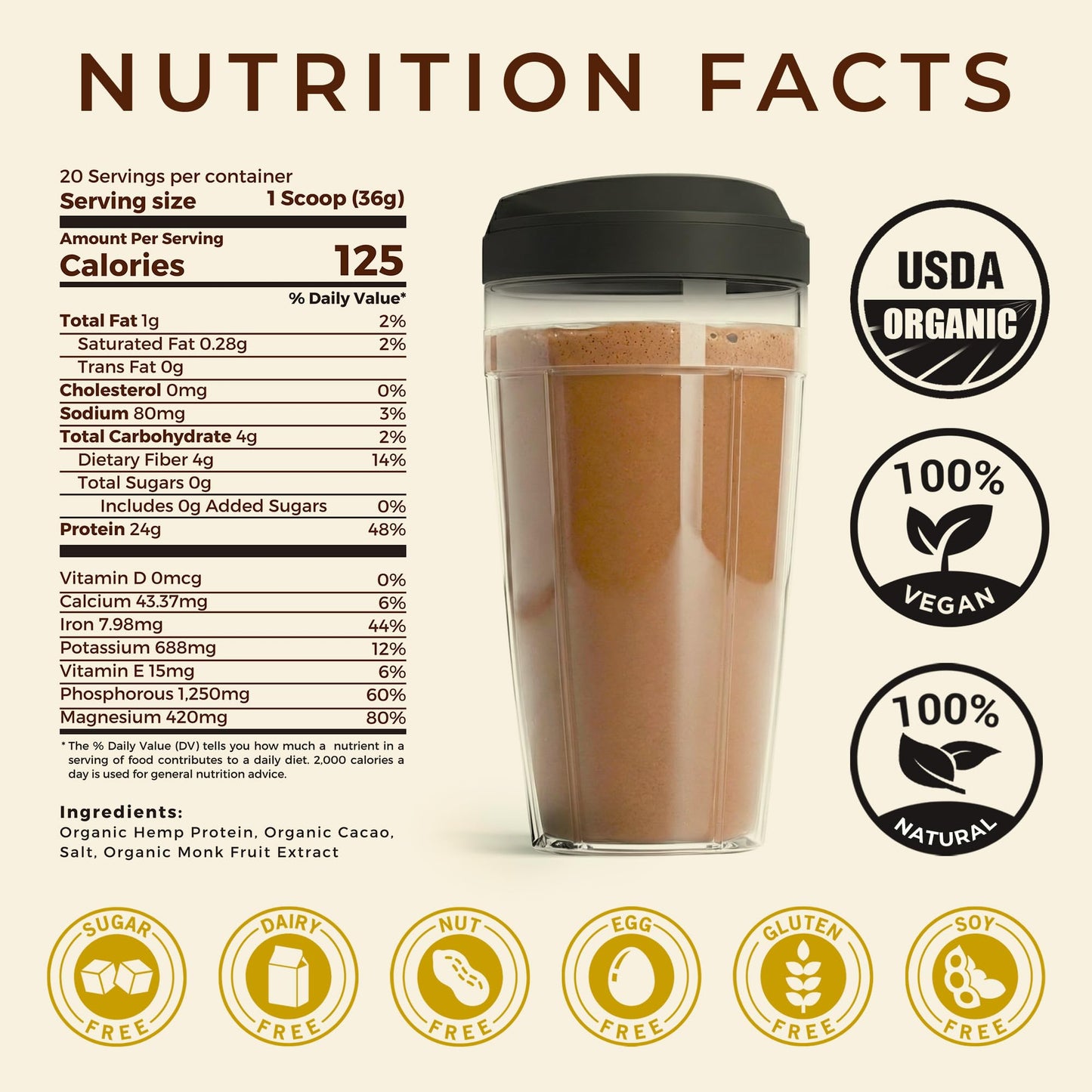 TUPAXA USDA Organic Hemp Protein Powder Chocolate, 26 oz