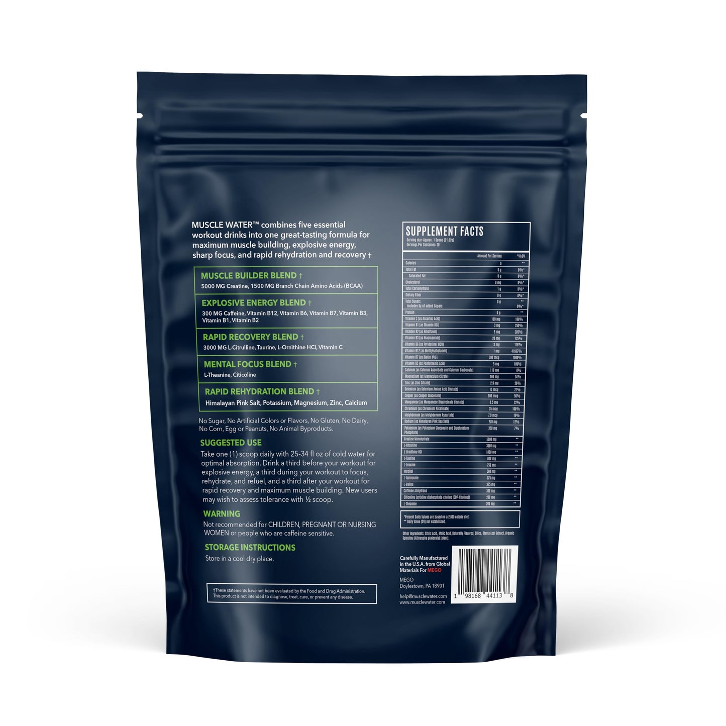 MEGO Muscle Water Pre Workout Powder, 30 Servings