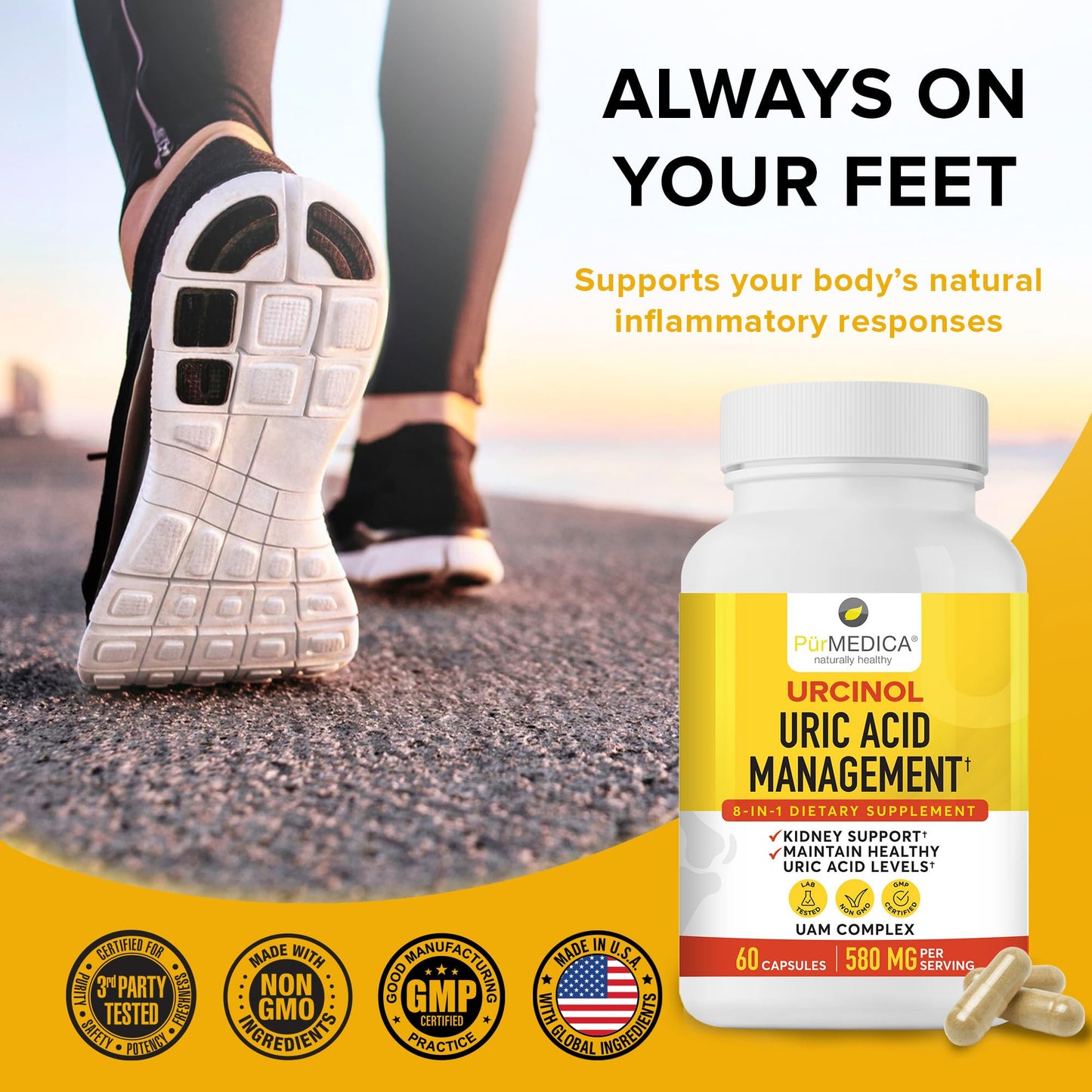 PurMEDICA Urcinol Uric Acid Supplement for Joint Support Capsules 60 Count