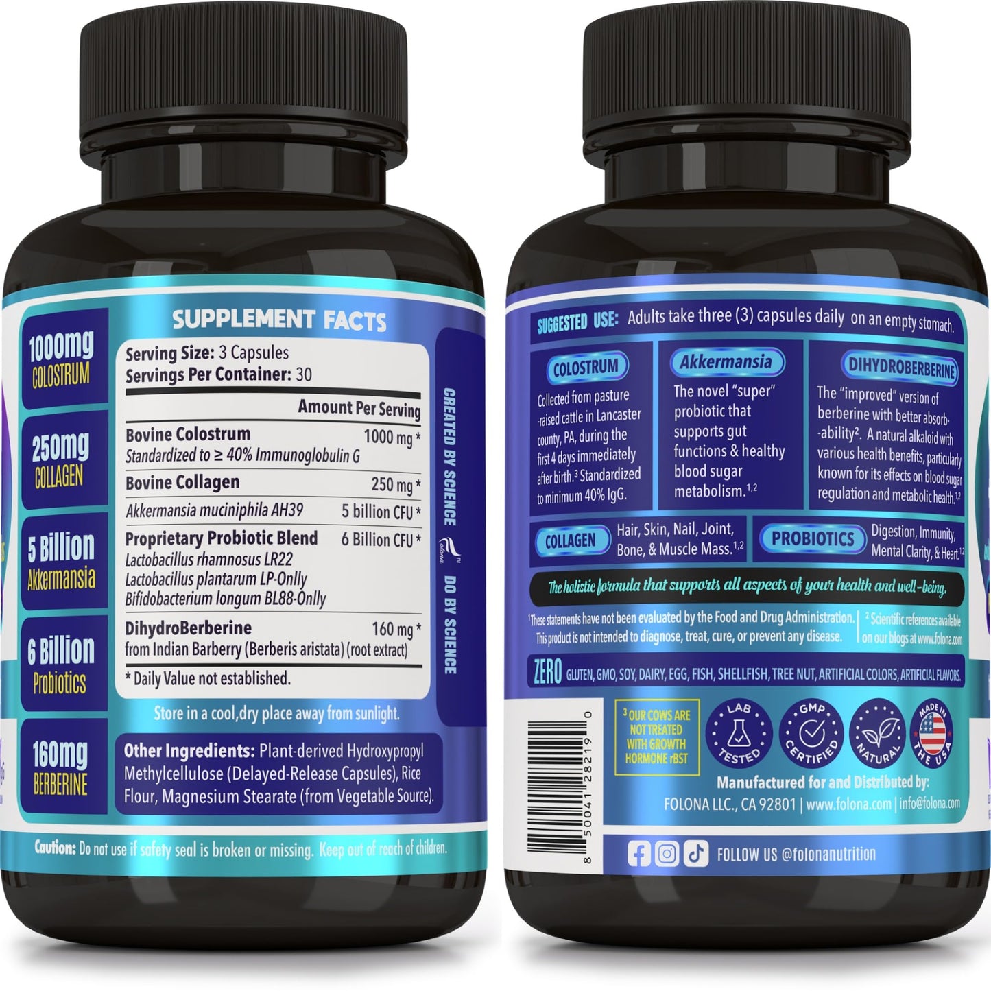 FOLONA Colostrum with Collagen, Berberine & Probiotics (Akkermansia & Lactobacillus) Delayed Release Capsules, 90 Capsules