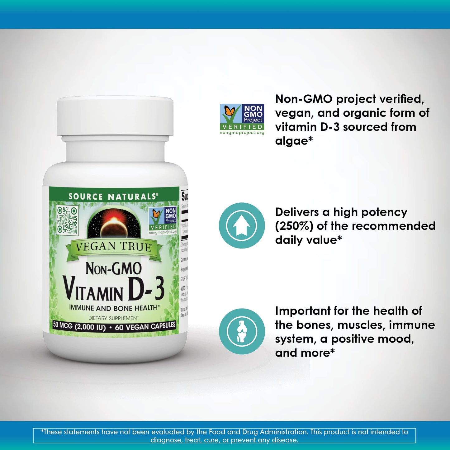 Source Naturals Vegan True Vitamin D-3 2000 IU Non-GMO Dietary Supplement for Immune and Bone Health, Capsule, 60 Count