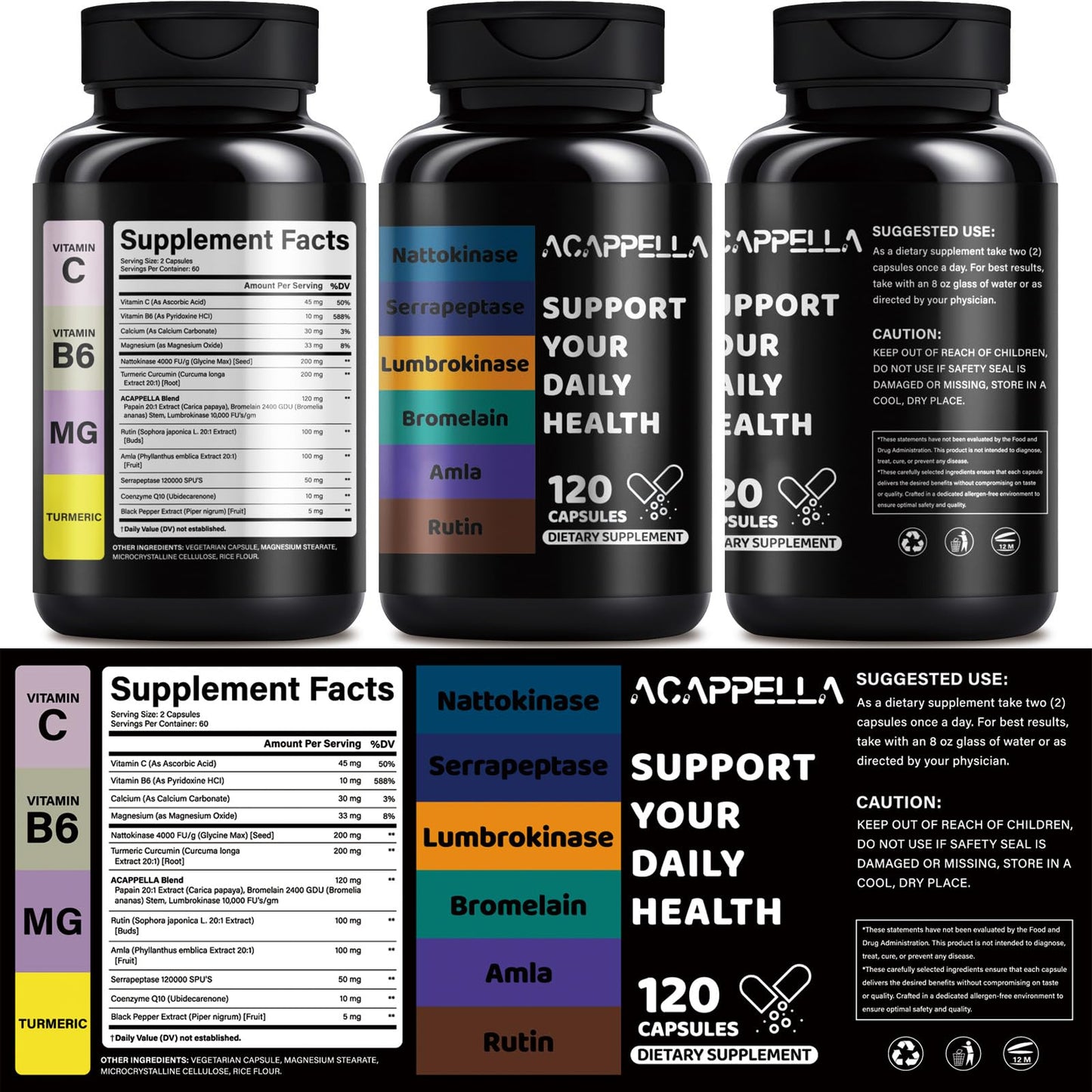 ACAPPELLA Lumbrokinase Serrapeptase Nattokinase Capsule with Bromelain and Amla, 120 Capsules