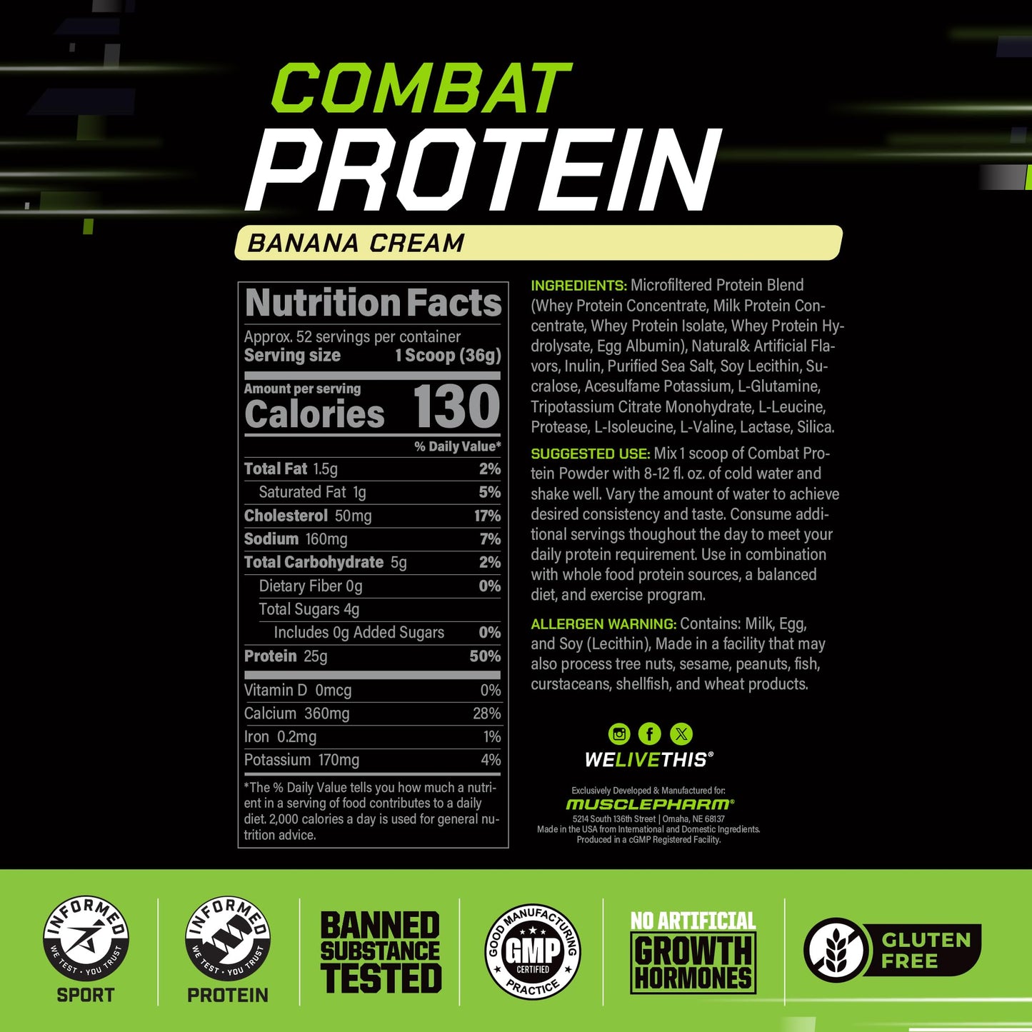 Muscle Pharm Combat Protein Powder Banana Cream Flavor, Gluten Free, 64 Servings, 4 lb