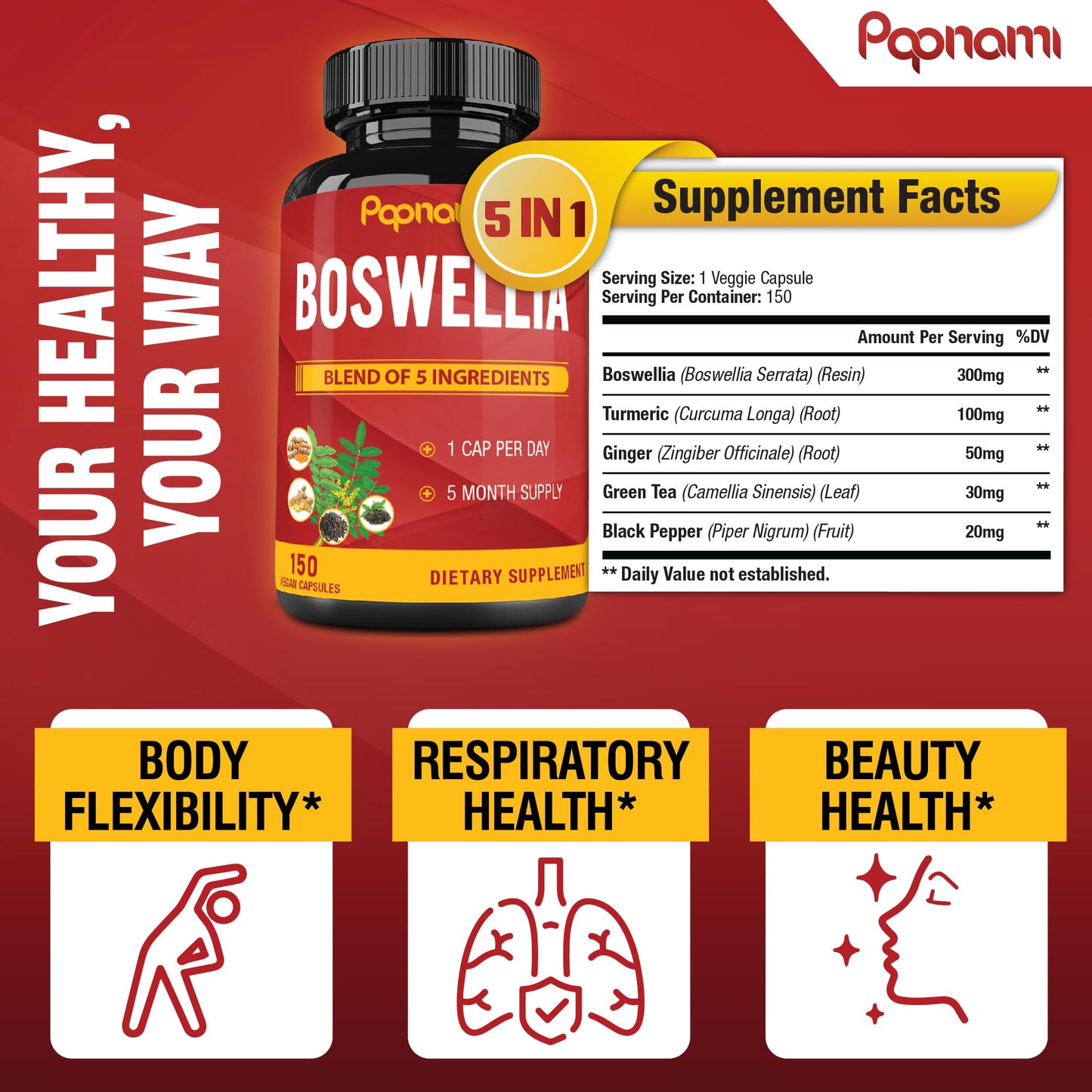 Papnami Boswellia Serrata Extract Capsules with Turmeric, Ginger, Pepper, Green Tea, 150 Capsules