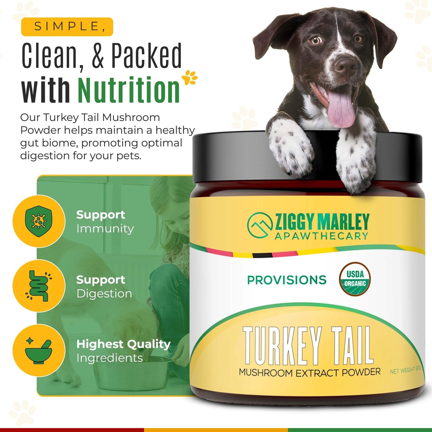 ZMA PETS Ziggy Marley's USDA Organic Turkey Tail Mushroom Powder for Dogs & Cats – Support Immunity & Digestion – Fruiting Body Extract, 3.17
